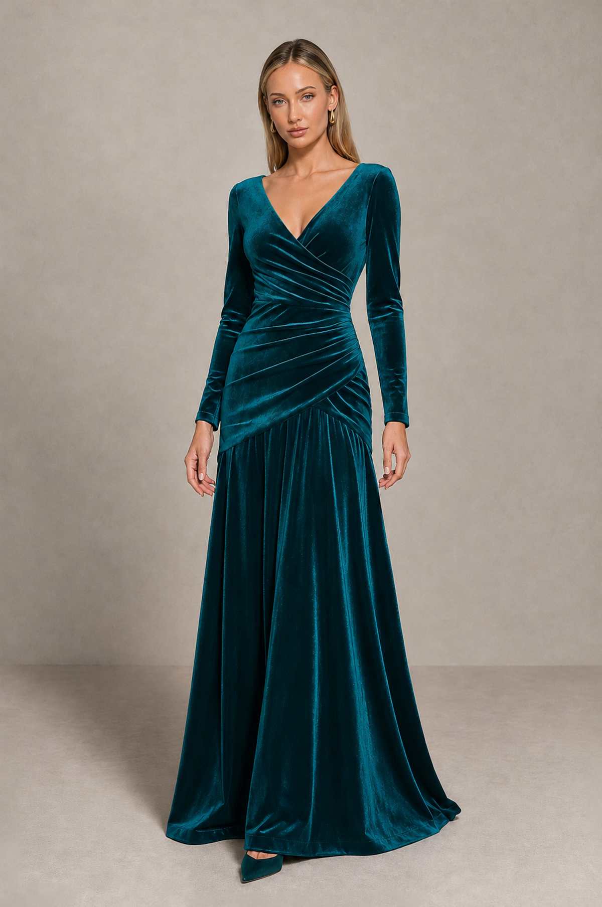 BOLODOO Teal Velvet Long Sleeve V-Neck Ruched Evening Dress - Teal - Teal_1