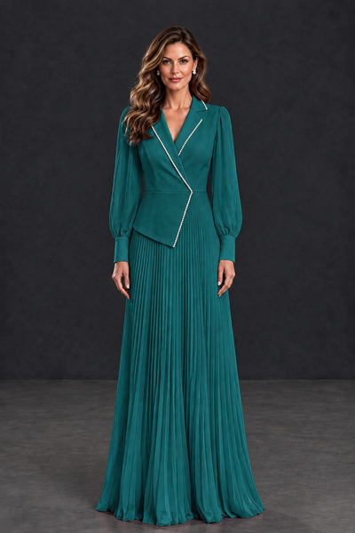 BOLODOO Teal Long Sleeve Pleated Mother of the Bride Dress - Teal - Teal_1