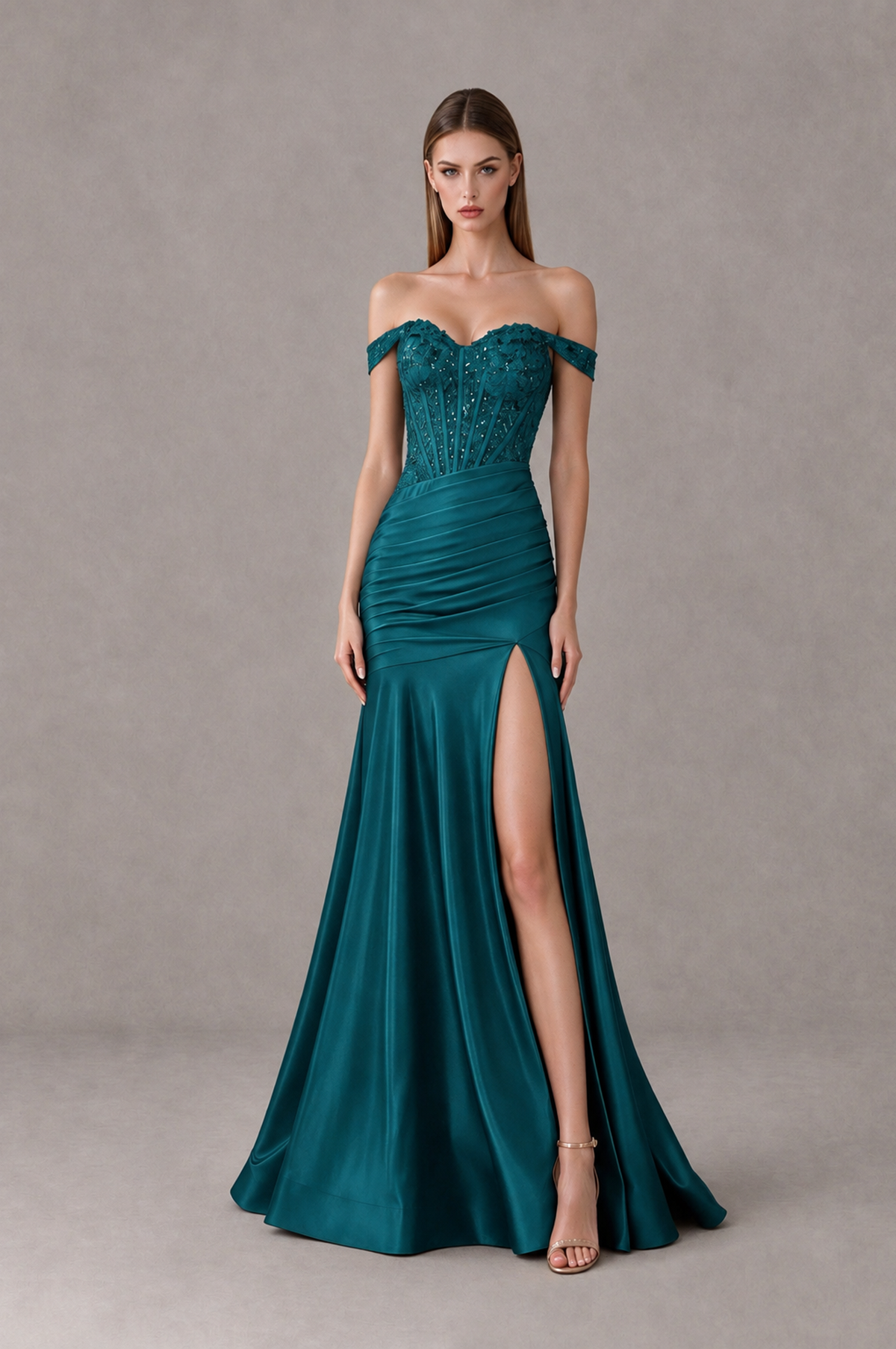 BOLODOO Teal Off-Shoulder Corset Mermaid Prom Dress with Slit Sequin Lace Evening Gown - Teal - Teal_1