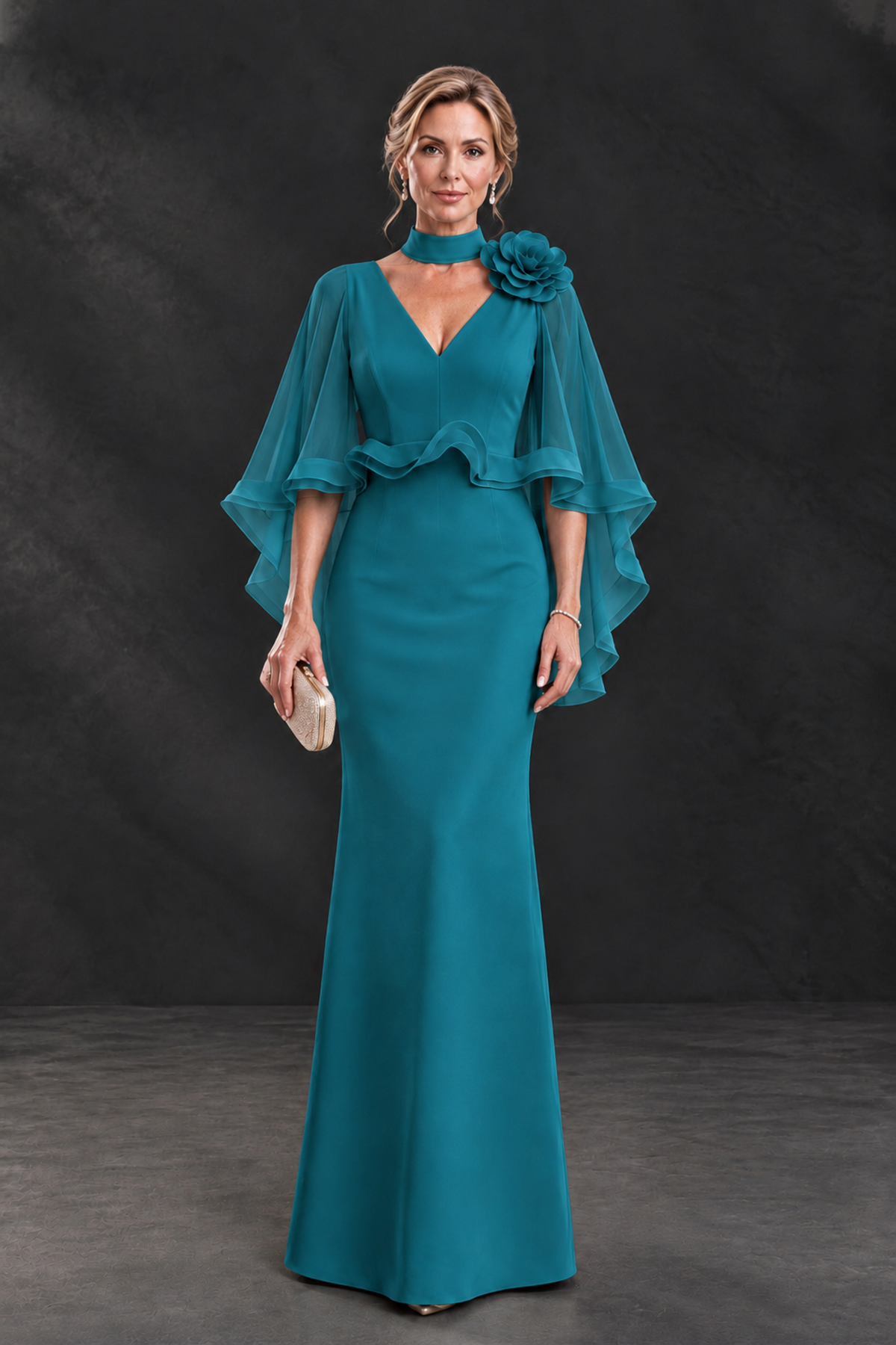BOLODOO Teal Floral Cape Sleeve Mother of the Bride Dress - Teal - Teal_1