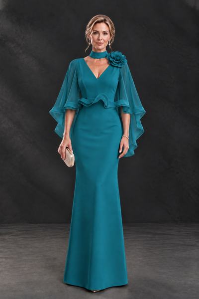 BOLODOO Teal Floral Cape Sleeve Mother of the Bride Dress - Teal - Teal_1