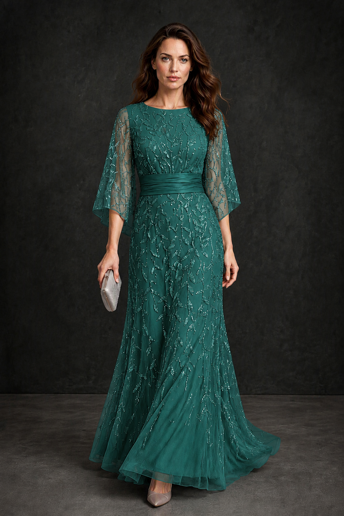 BOLODOO Teal Bateau Neck Bell Sleeve Sequin Embroidered Satin Waist A-Line Maxi Dress - Teal - Teal_1