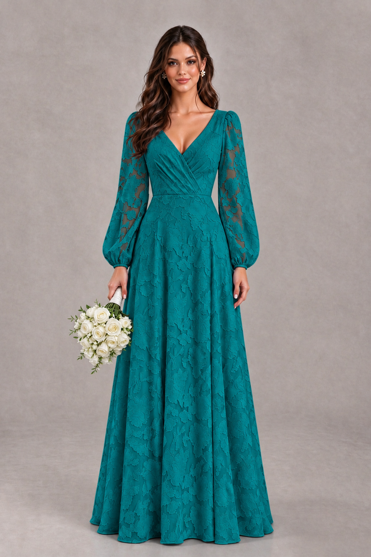 BOLODOO Teal Long Sleeve V-Neck A-Line Mother of the Bride Dress - Teal - Teal_1