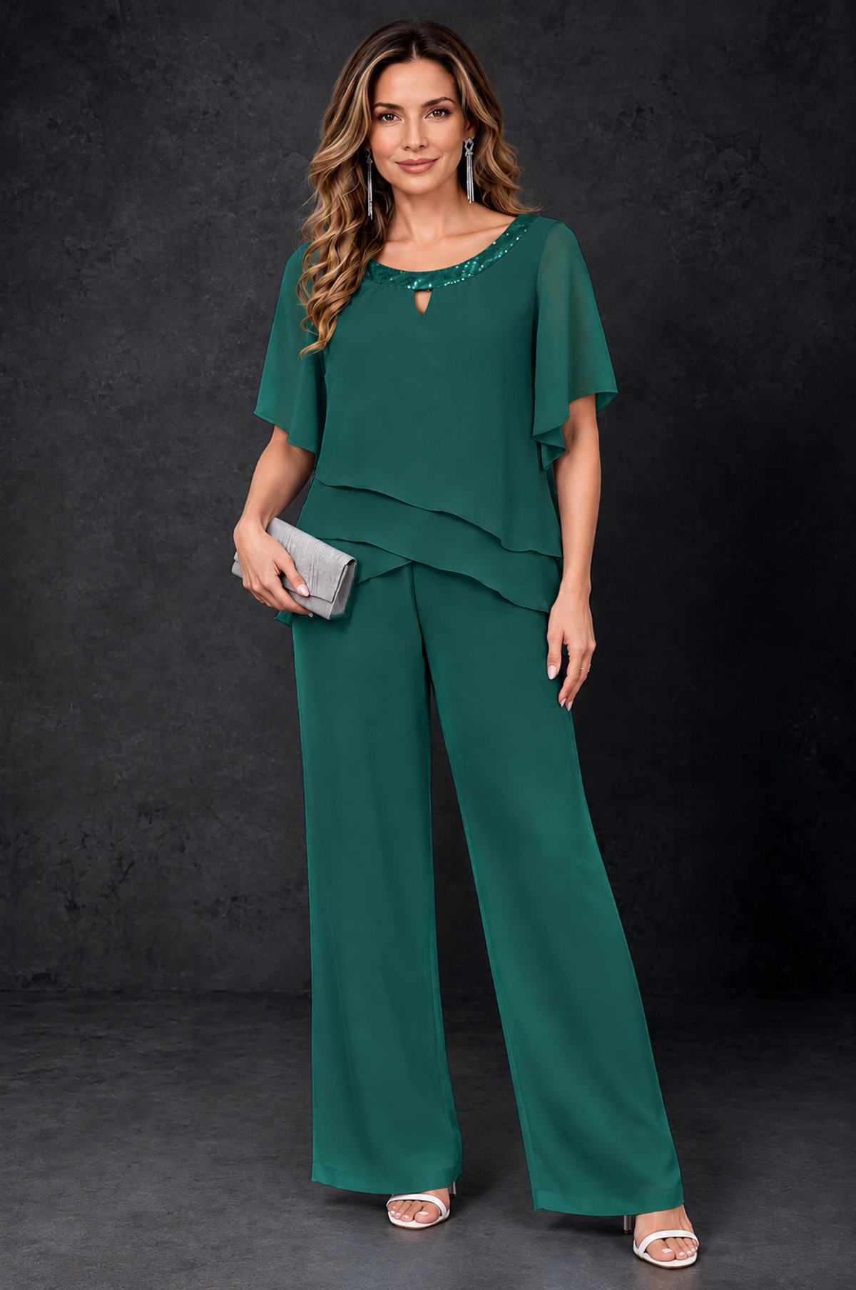 BOLODOO Teal Layered Chiffon-Look Mother of the Bride Pantsuit - Teal - Teal_1