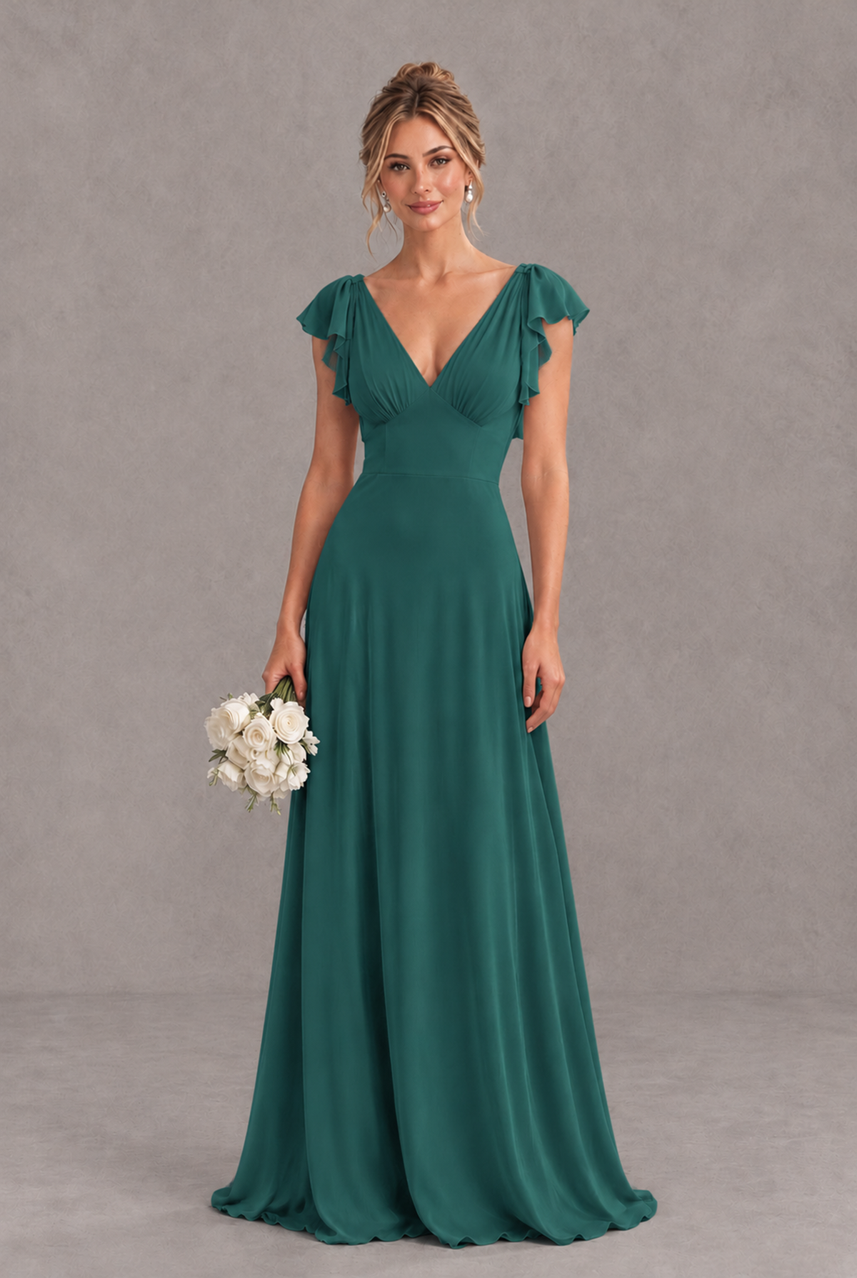 BOLODOO Teal V-Neck Flutter Sleeve A-Line Bridesmaid Dress - Teal - Teal_1