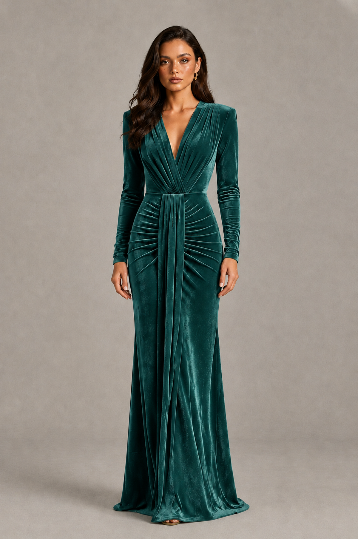 BOLODOO Teal Velvet Long Sleeve V-Neck Ruched Evening Gown - Teal