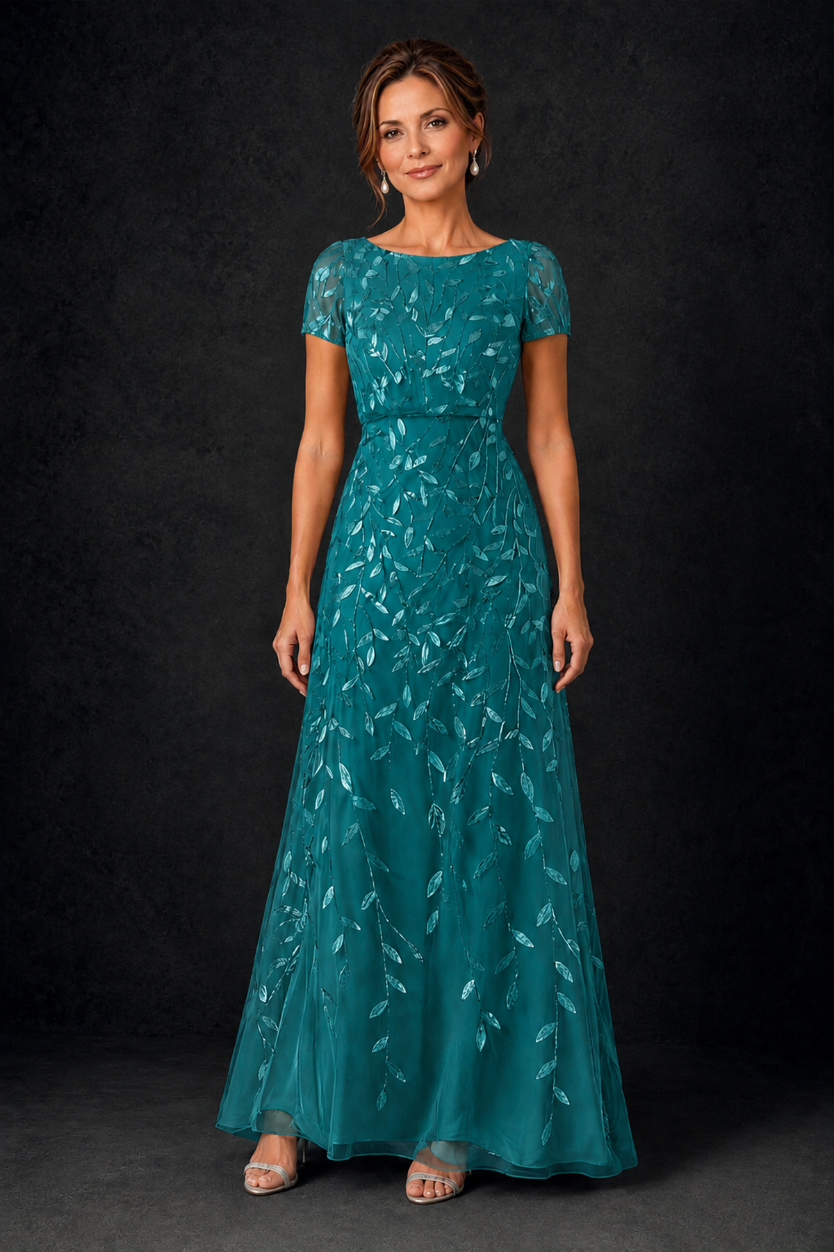 BOLODOO Teal Leaf Embroidered A-Line Formal Gown with Cap Sleeves - Teal - Teal_1