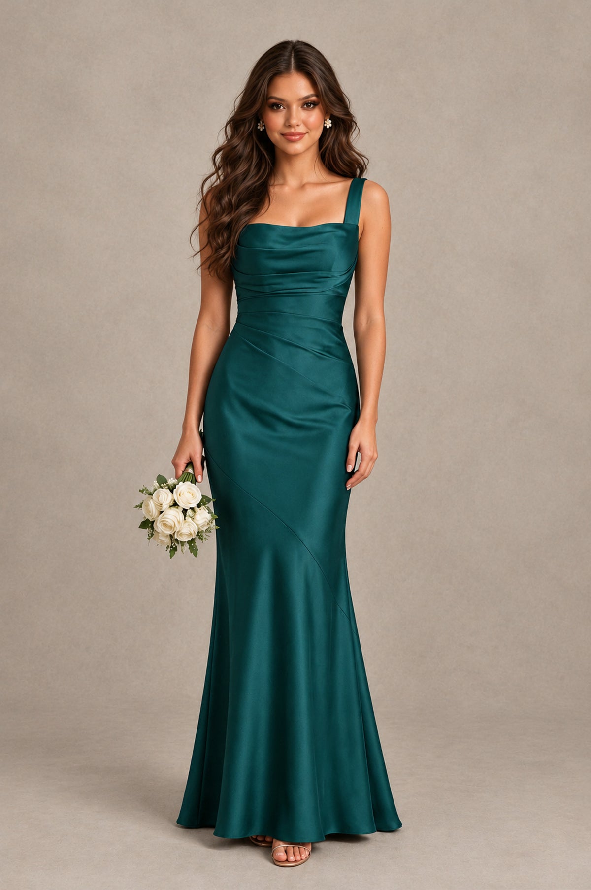 BOLODOO Teal Square Neck Ruched Satin Lace-Up Bridesmaid Dress - Teal - Teal_1