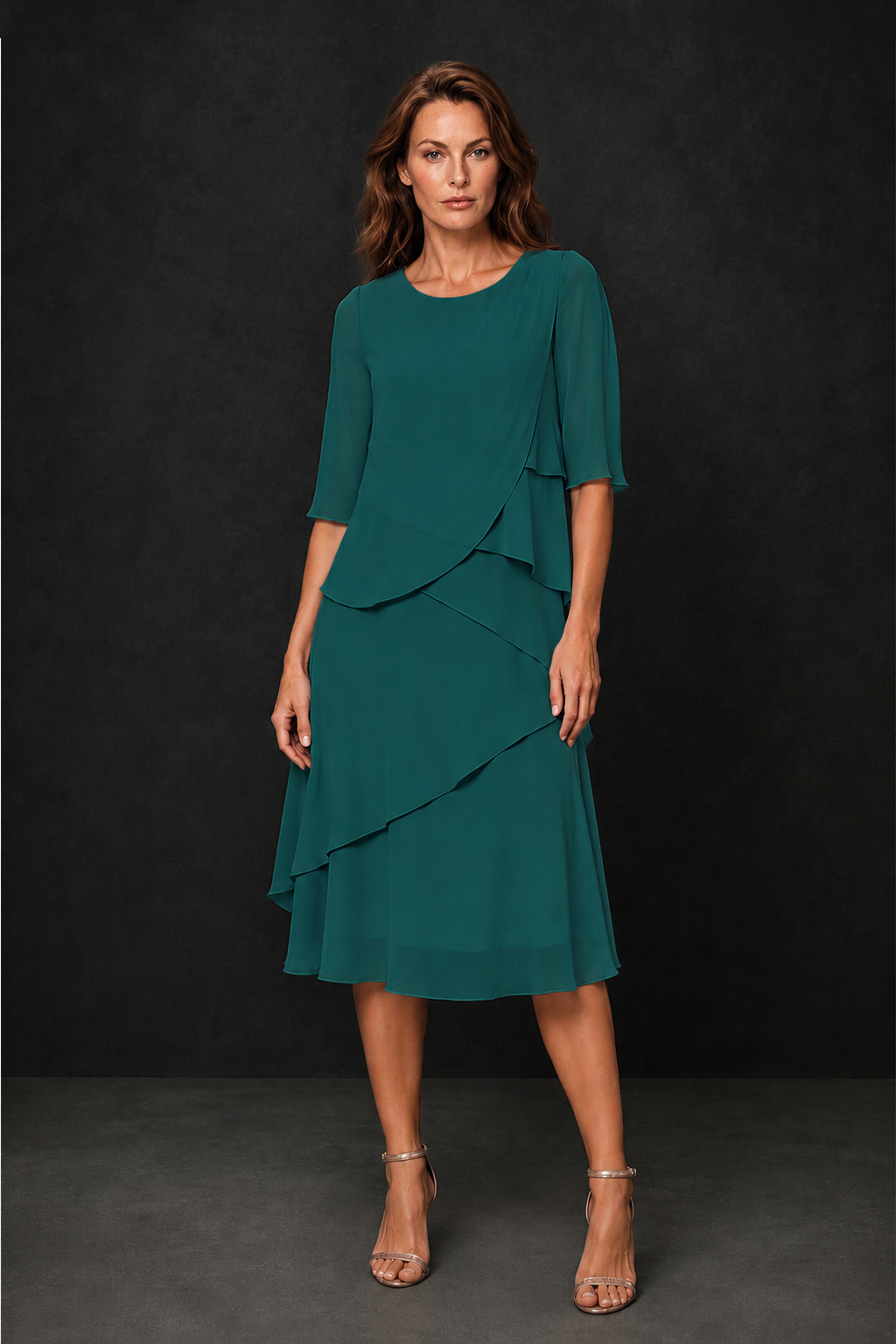 BOLODOO Teal Chiffon 3/4 Sleeve Asymmetric Tiered Tea Length Dress | Mother of the Bride Midi Dress - Teal