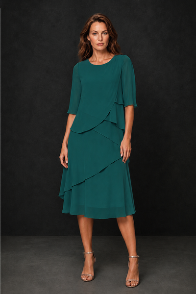 BOLODOO Teal Chiffon 3/4 Sleeve Asymmetric Tiered Tea Length Dress | Mother of the Bride Midi Dress - Teal
