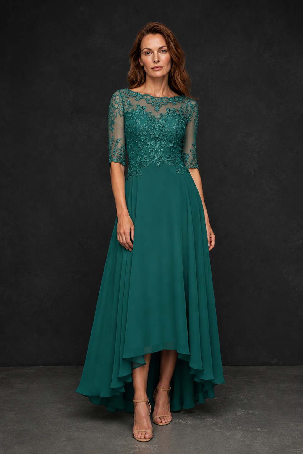BOLODOO Teal Illusion Lace 3/4 Sleeve Hi-Lo Chiffon A-Line Dress | Mother of the Bride Tea Length Dress - Teal