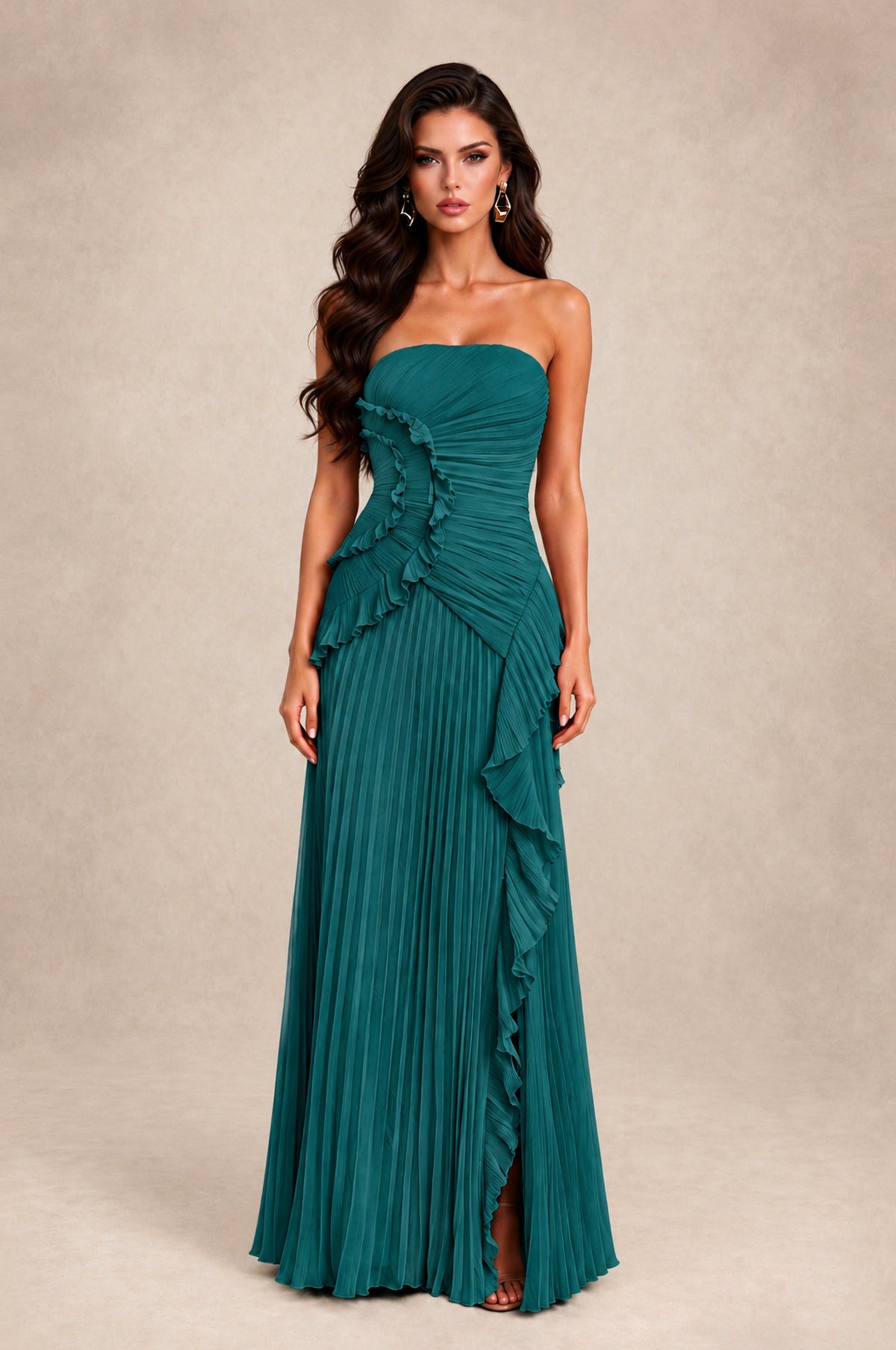 BOLODOO Teal Strapless Ruffle Pleated Slit Evening Gown - Teal - Teal_1