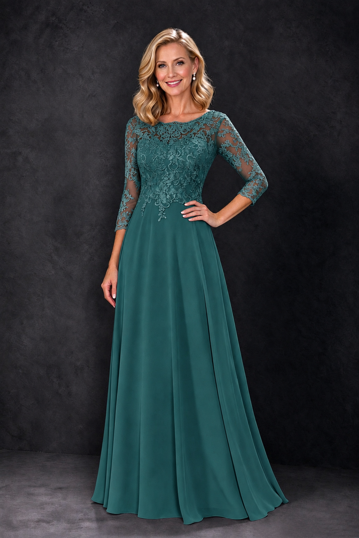 BOLODOO Teal Lace Embroidered Mother of the Bride Dress with 3/4 Sleeves - Teal - Teal_1