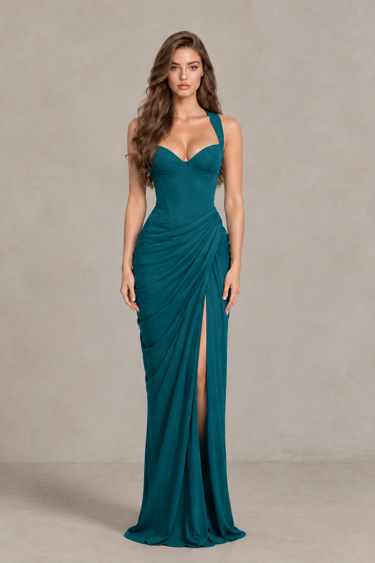 BOLODOO Teal Sweetheart Maxi Dress with High Slit - Teal - Teal_1