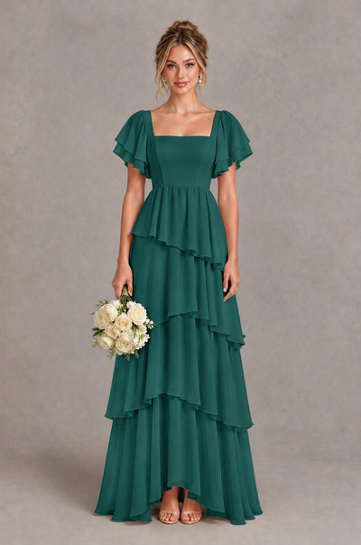 BOLODOO Teal Square Neck Flutter Sleeve Tiered Chiffon Bridesmaid Dress with Lace-Up Back - Teal - Teal_1