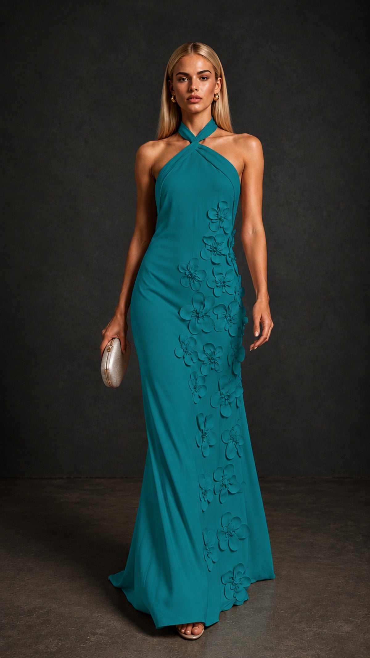 BOLODOO Teal Cross Halter Neck 3D Floral Appliqué Backless Mermaid Maxi Gown - Teal