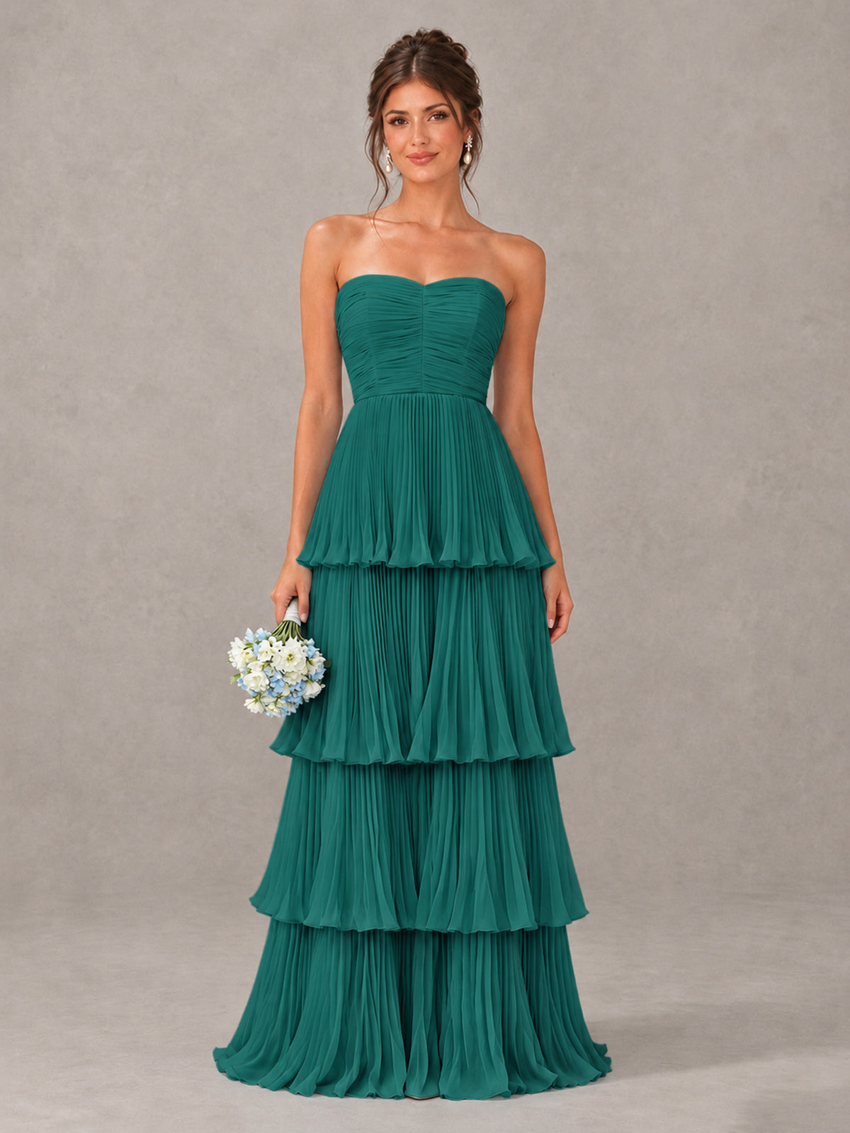BOLODOO Teal Strapless Tiered Pleated Bridesmaid Dress - Teal - Teal_1