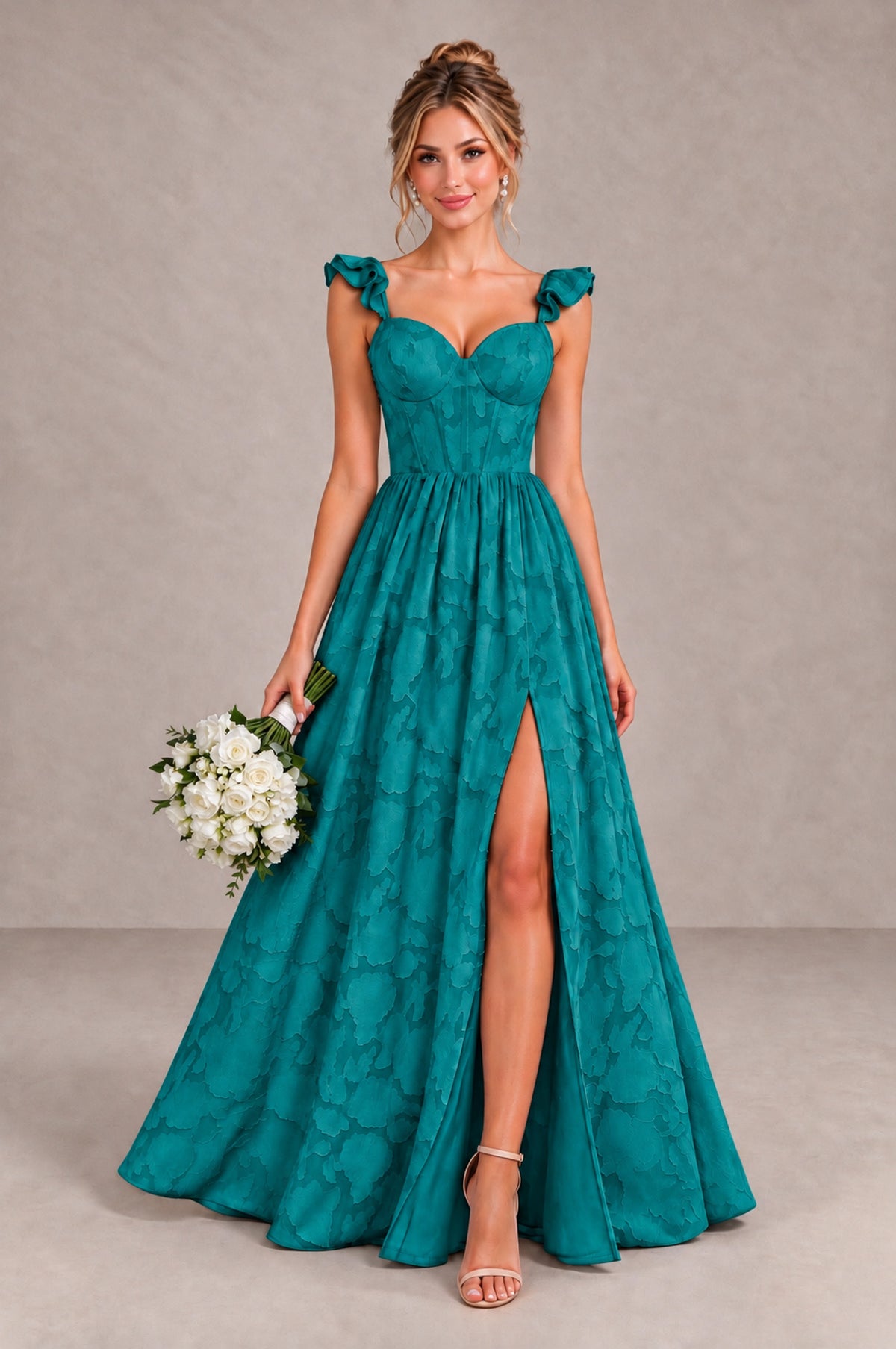 BOLODOO Teal Floral A-Line Bridesmaid Dress with Slit Ruffle Straps Maxi Gown - Teal - Teal_1