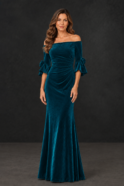 BOLODOO Teal Velvet Mother of the Bride Dress with Rosette Sleeves - Teal - Teal_1