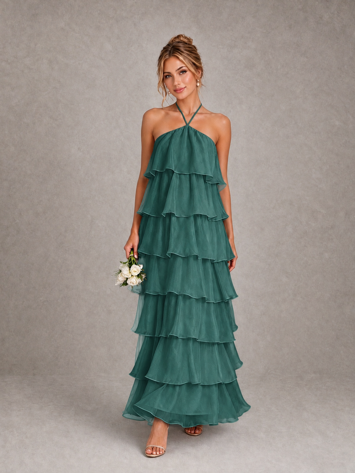 BOLODOO Teal Halter Tiered Ruffle Maxi Bridesmaid Dress - Teal - Teal_1