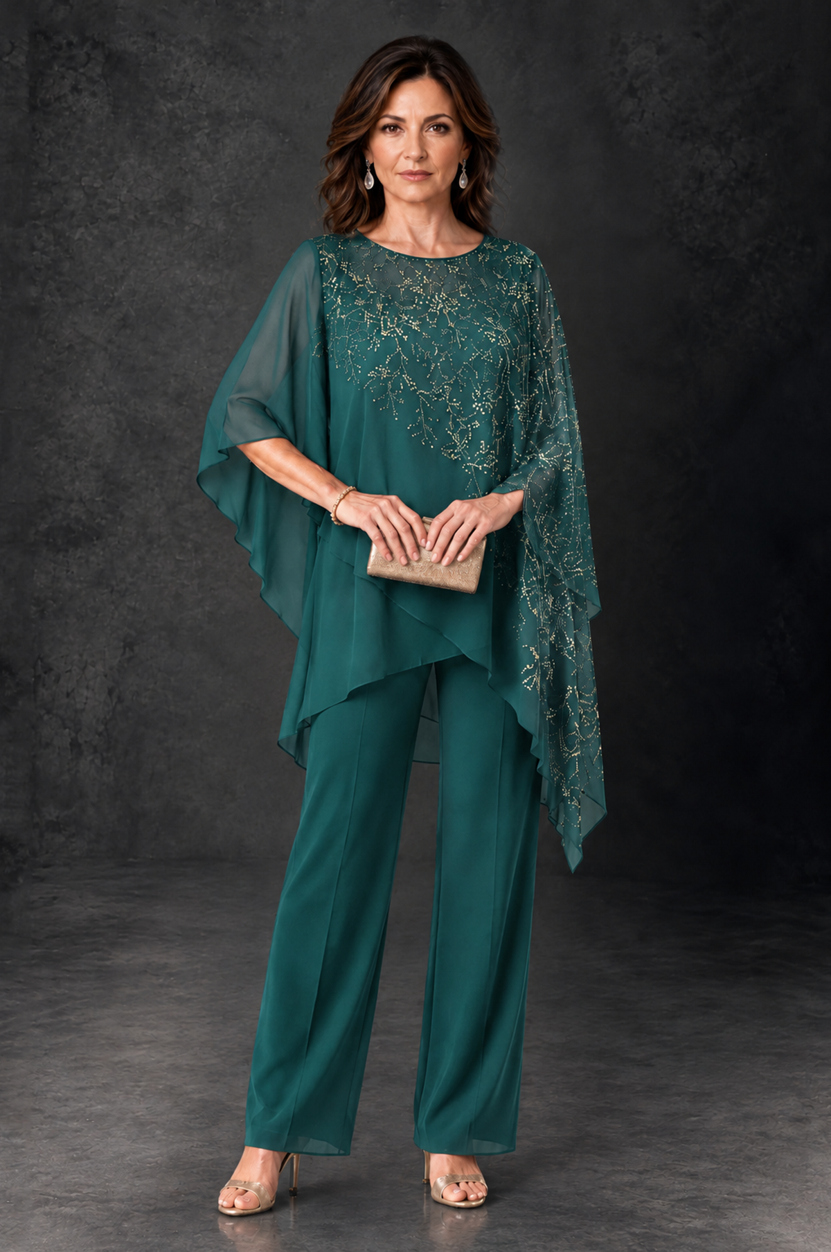 BOLODOO Teal Embellished Cape Pant Suit for Mother of the Bride - Teal - Teal_1