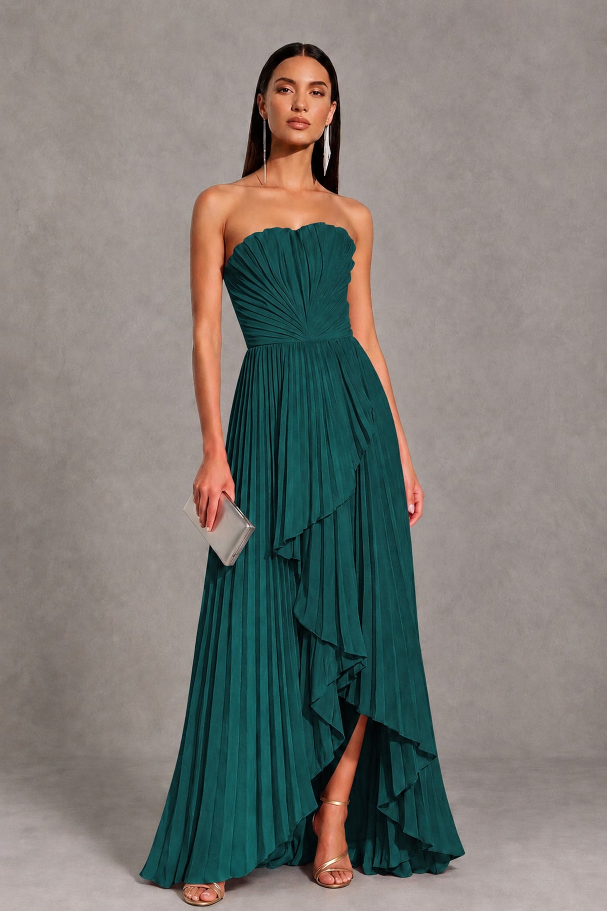 Teal Strapless Pleated High-Low Evening Gown with Ruffle Hem - Teal - Teal_1