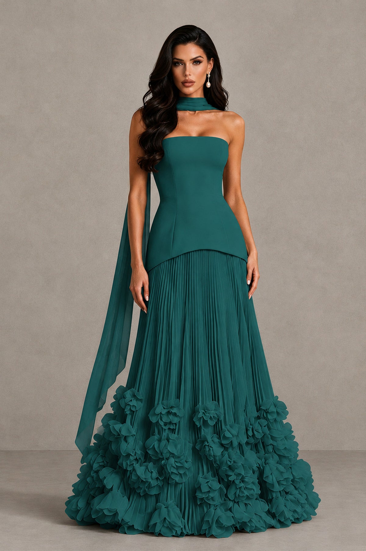 BOLODOO Teal Strapless Pleated Floral Hem Evening Gown - Teal - Teal_1