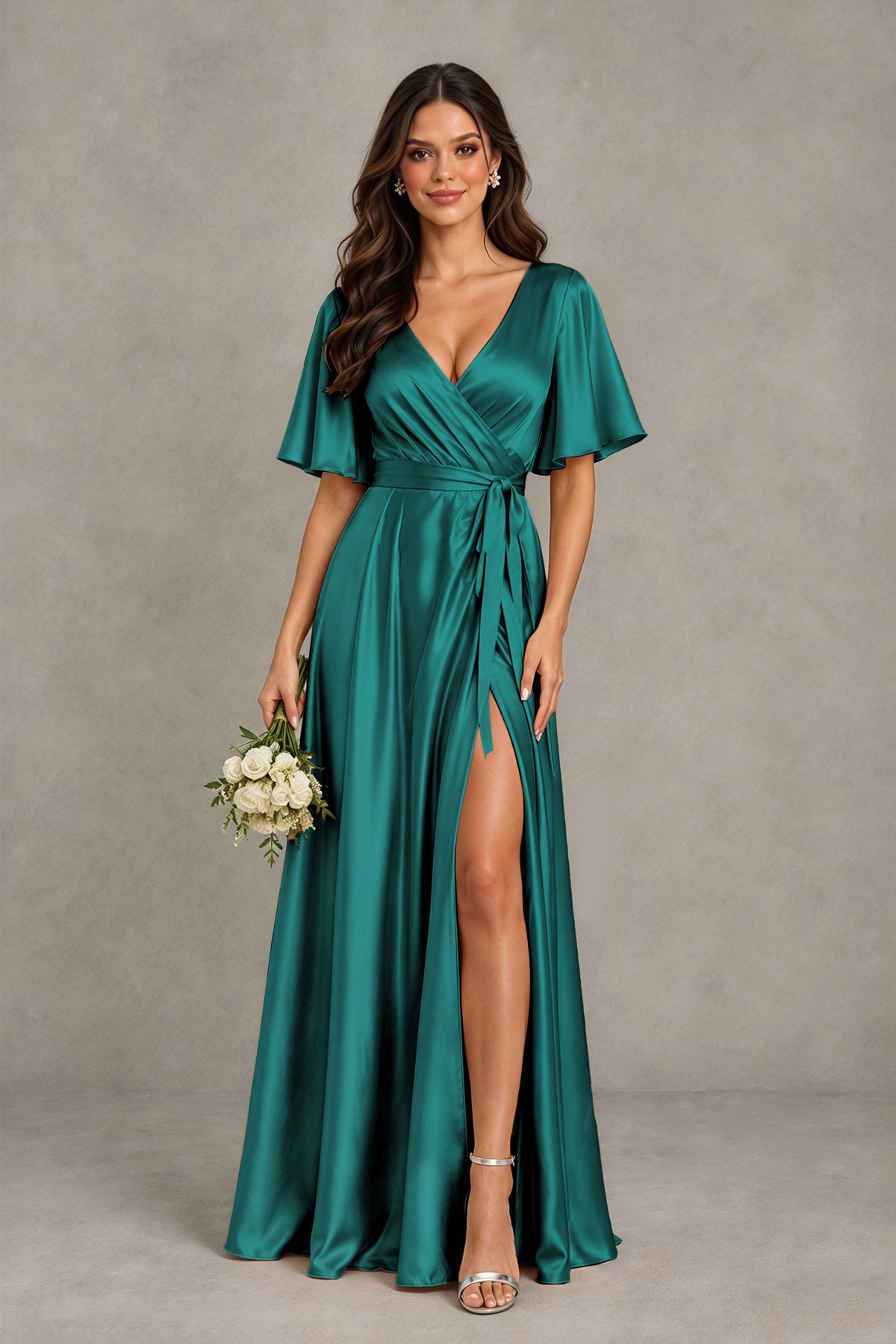 BOLODOO Teal Satin V-Neck Flutter Sleeve Bridesmaid Dress with Slit - Teal - Teal(1)