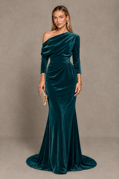BOLODOO Teal Velvet Asymmetric Neck Mermaid Evening Dress - Teal - Teal_1