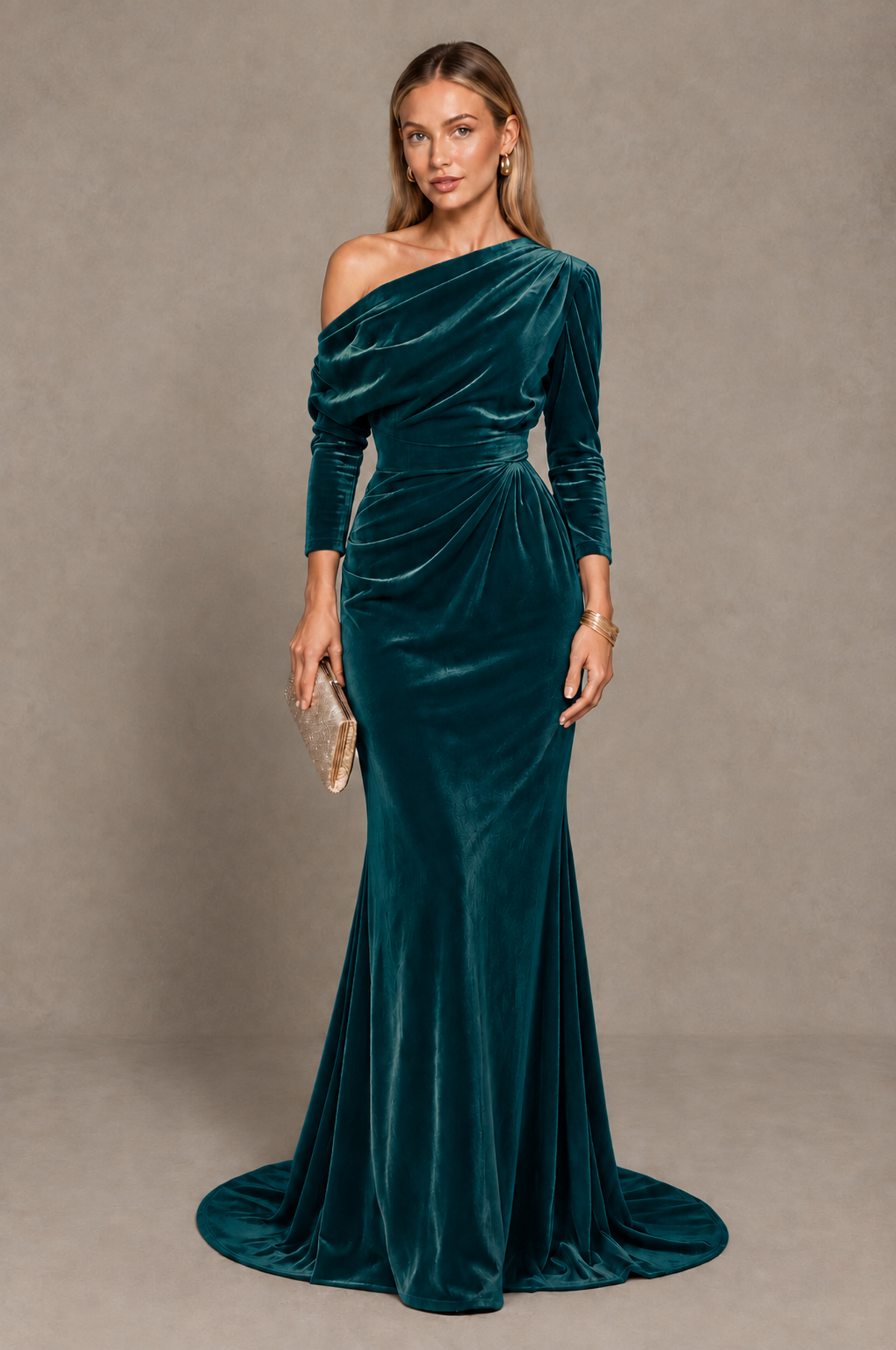 BOLODOO Teal Velvet Asymmetric Neck Mermaid Evening Dress - Teal - Teal_1