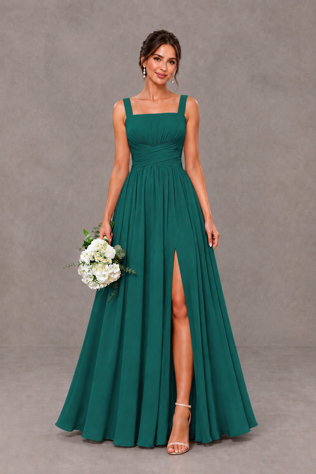 BOLODOO Teal Square Neck A-Line Bridesmaid Dress with Slit - Teal - Teal_1