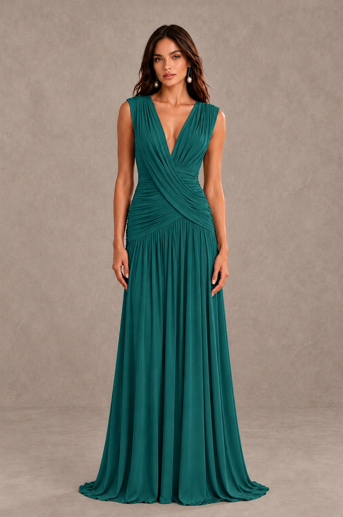 BOLODOO Teal V-Neck Ruched Wedding Guest Dress - Teal - Teal_1