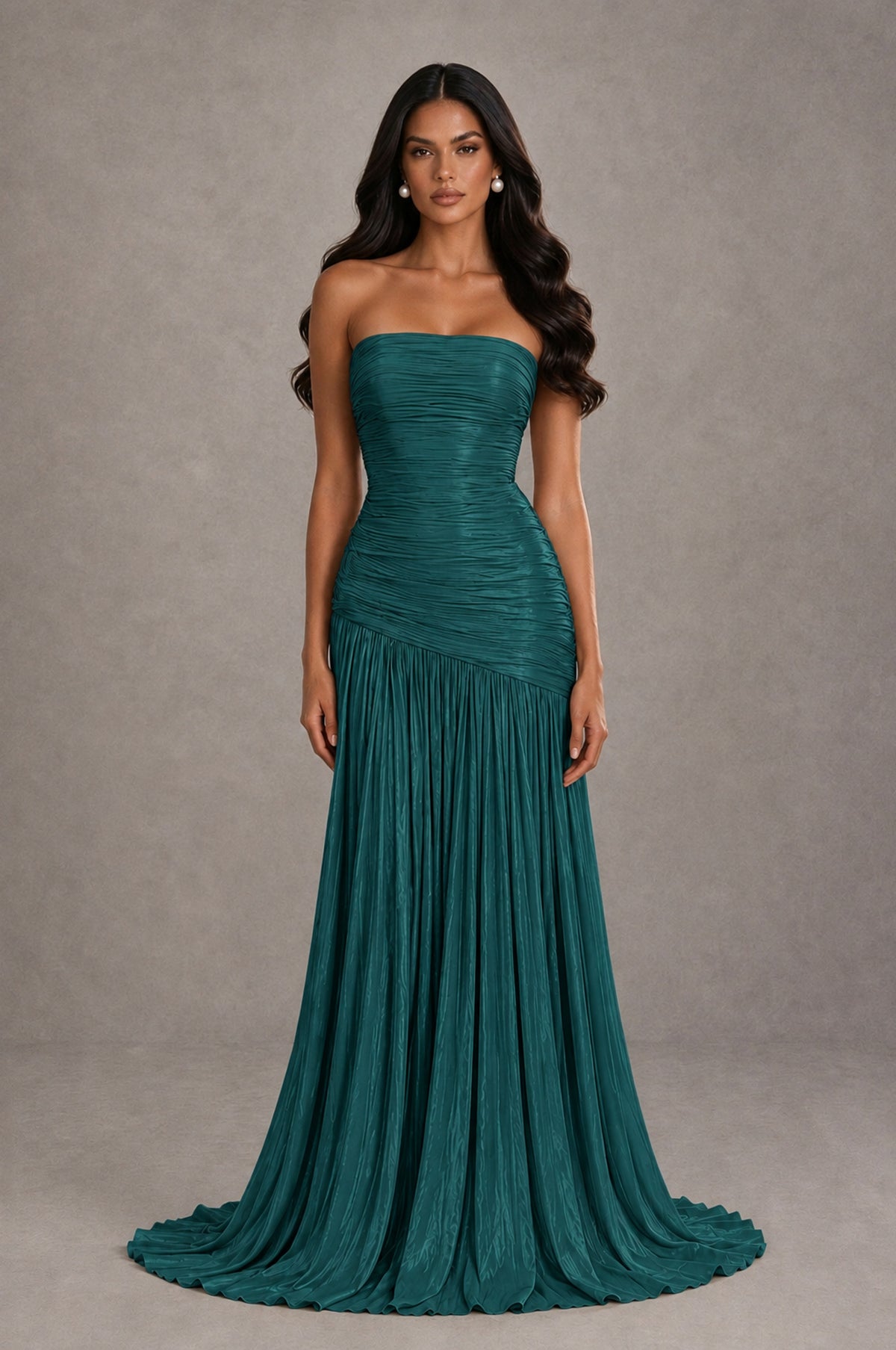 BOLODOO Teal Metallic Ruched Strapless Pleated A-Line Backless Maxi Dress with Train - Teal - Teal_1