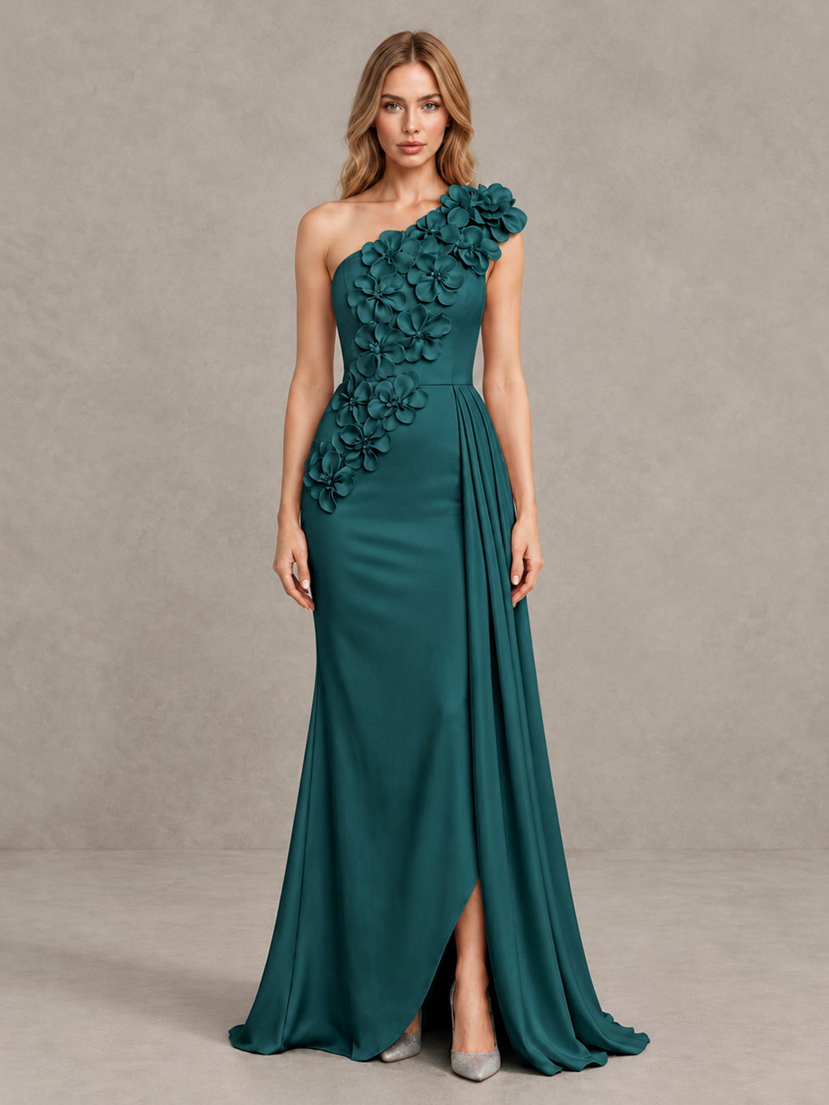 BOLODOO Teal One-Shoulder Satin Mermaid Evening Gown with 3D Floral Appliqué - Teal - Teal_1