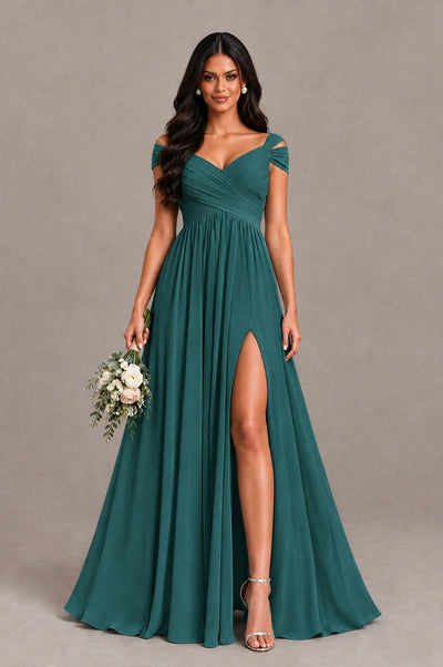 BOLODOO Teal Cold Shoulder Chiffon Evening Dress with V Neck and High Slit - Teal - Teal_1