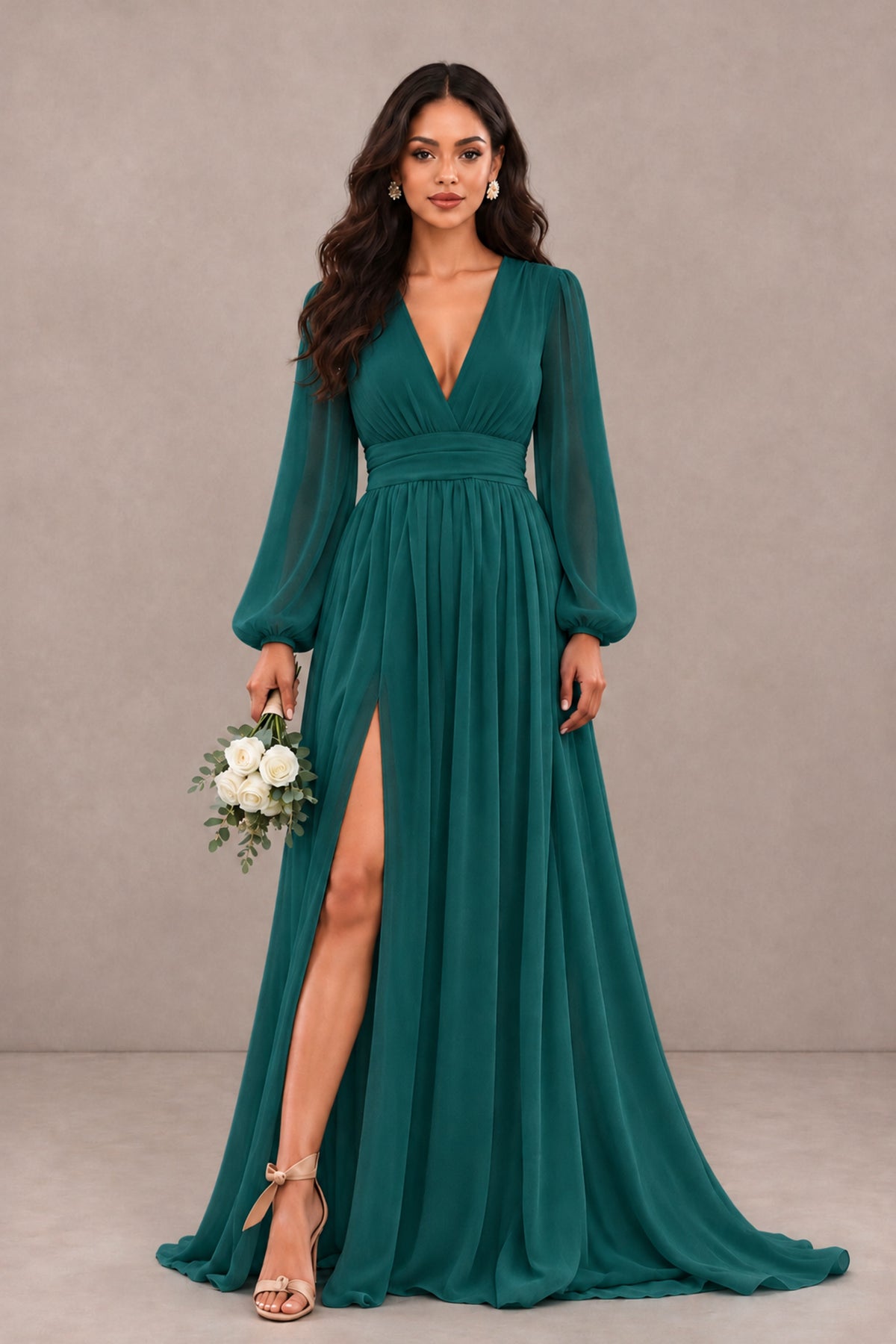 BOLODOO Teal Long Sleeve V-Neck A-Line Gown with Open Back & Slit - Teal - Teal_1