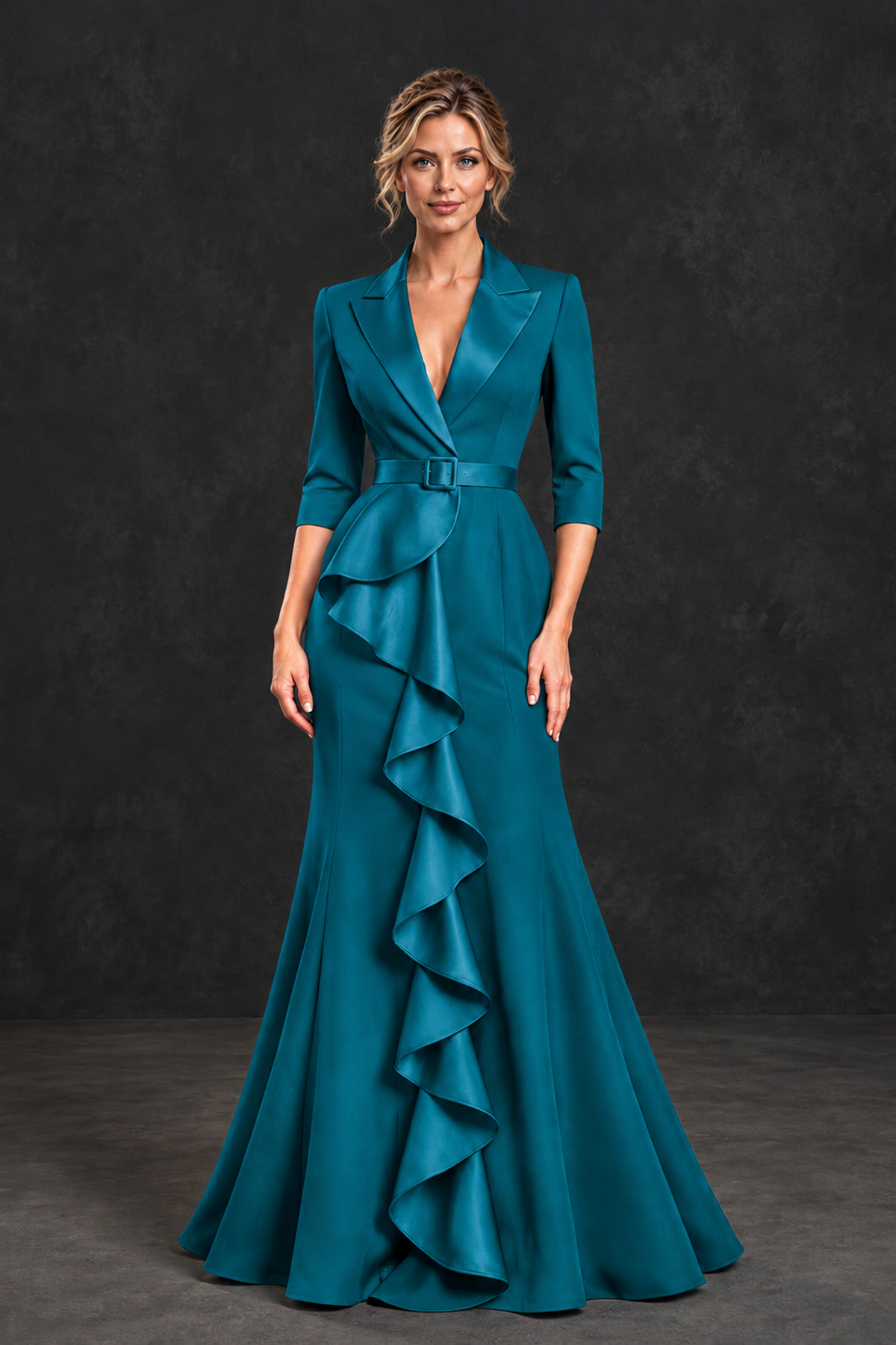 BOLODOO Teal Lapel Ruffle Mother of the Bride Dress with Belt - Teal - Teal_1