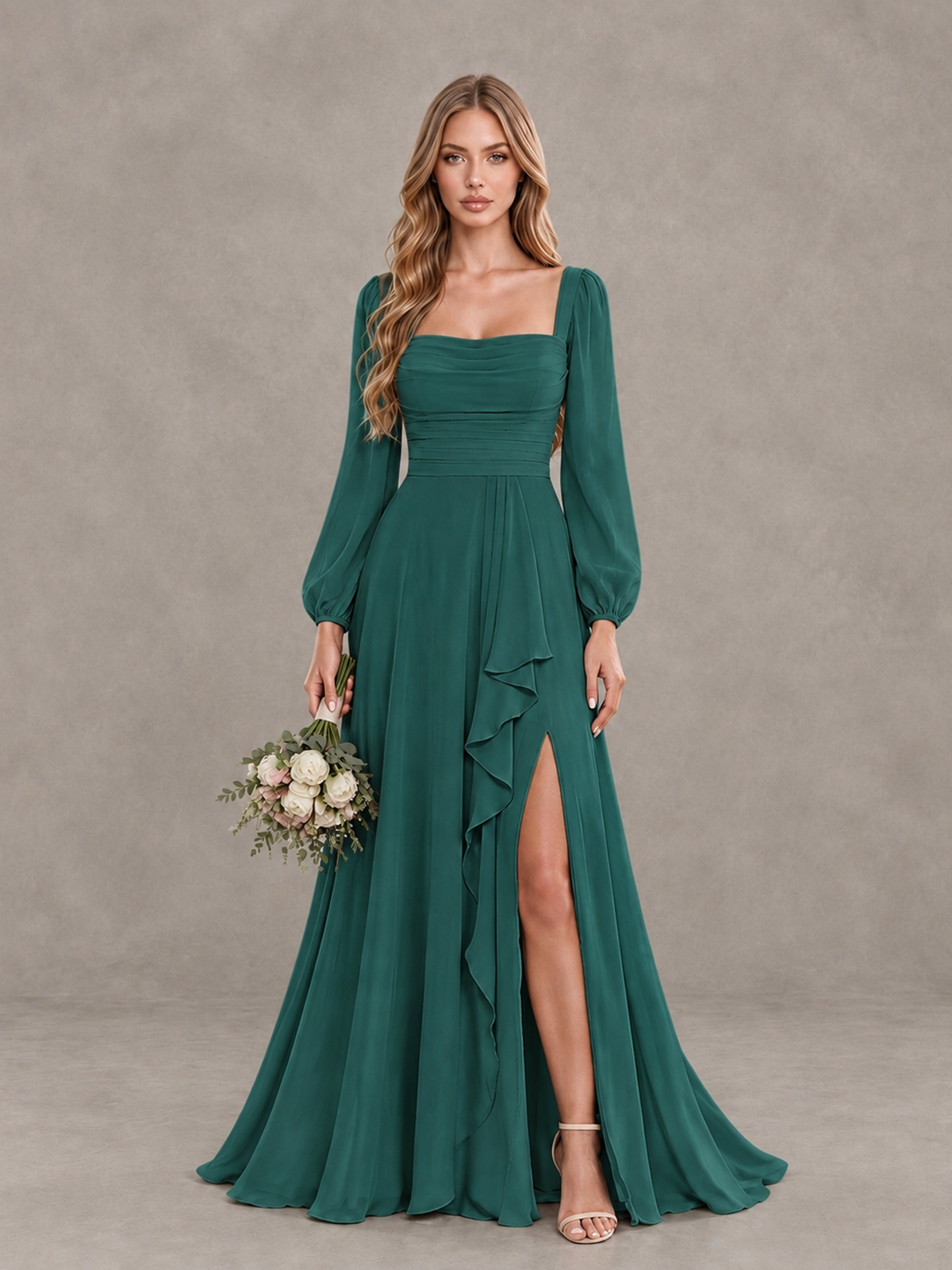 BOLODOO Teal Square Neck Long Sleeve Bridesmaid Dress with Ruffle Slit - Teal - Teal_1