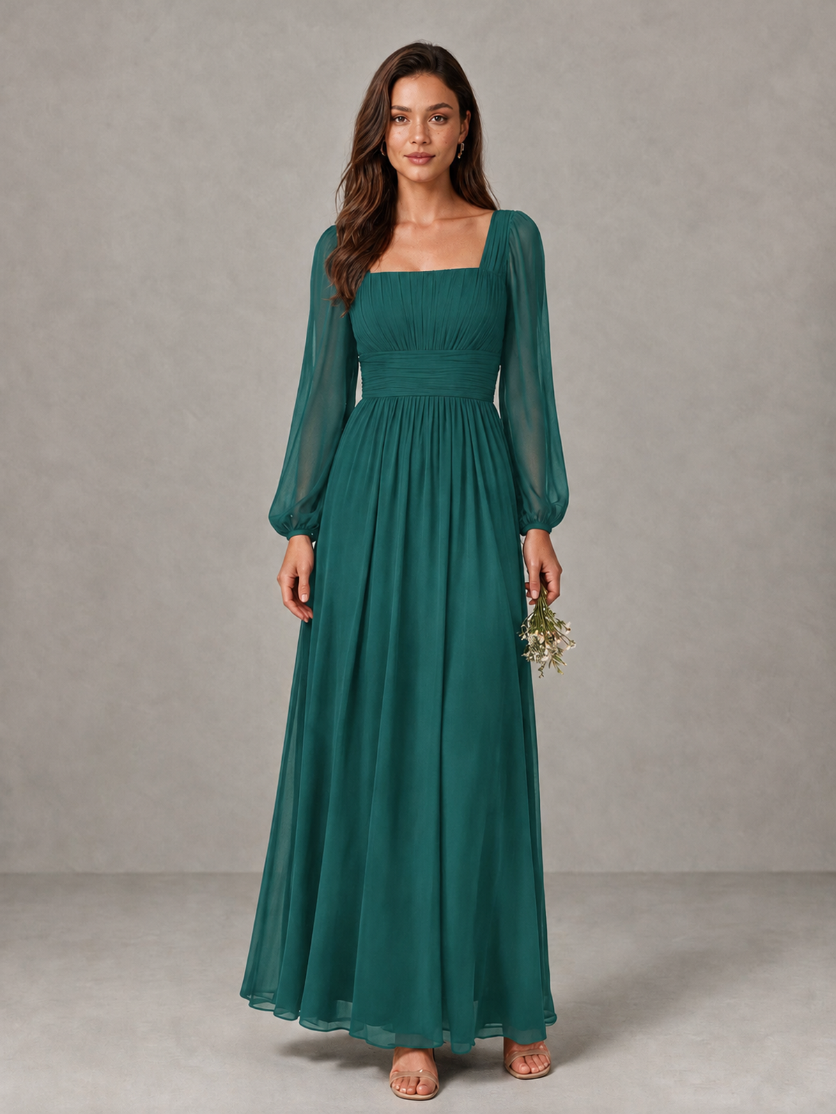 BOLODOO Teal Square Neck Long Sleeve Chiffon Bridesmaid Dress - Teal - Teal_1