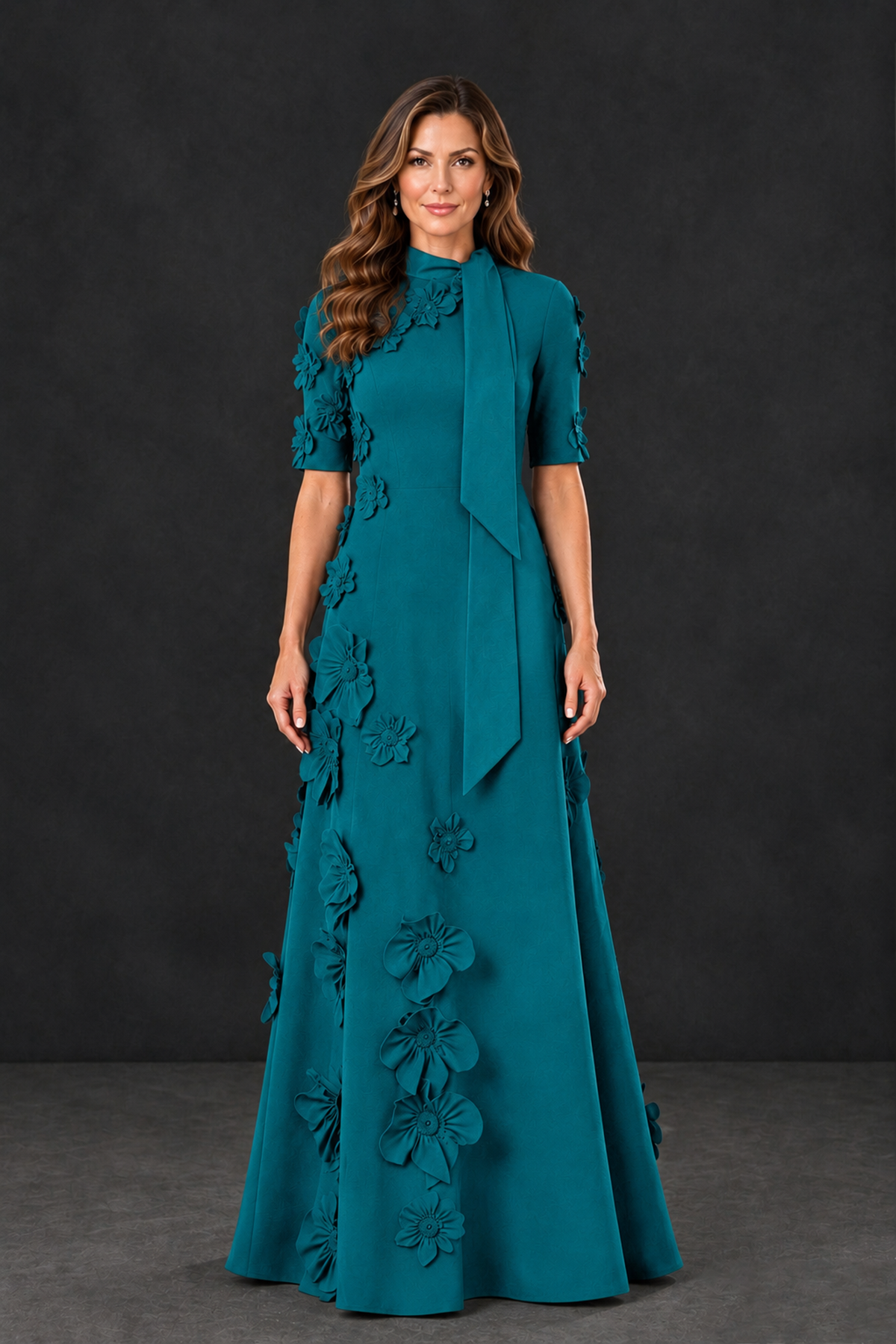 BOLODOO Teal Floral Applique High-Neck Half-Sleeve Gown - Teal - Teal_1