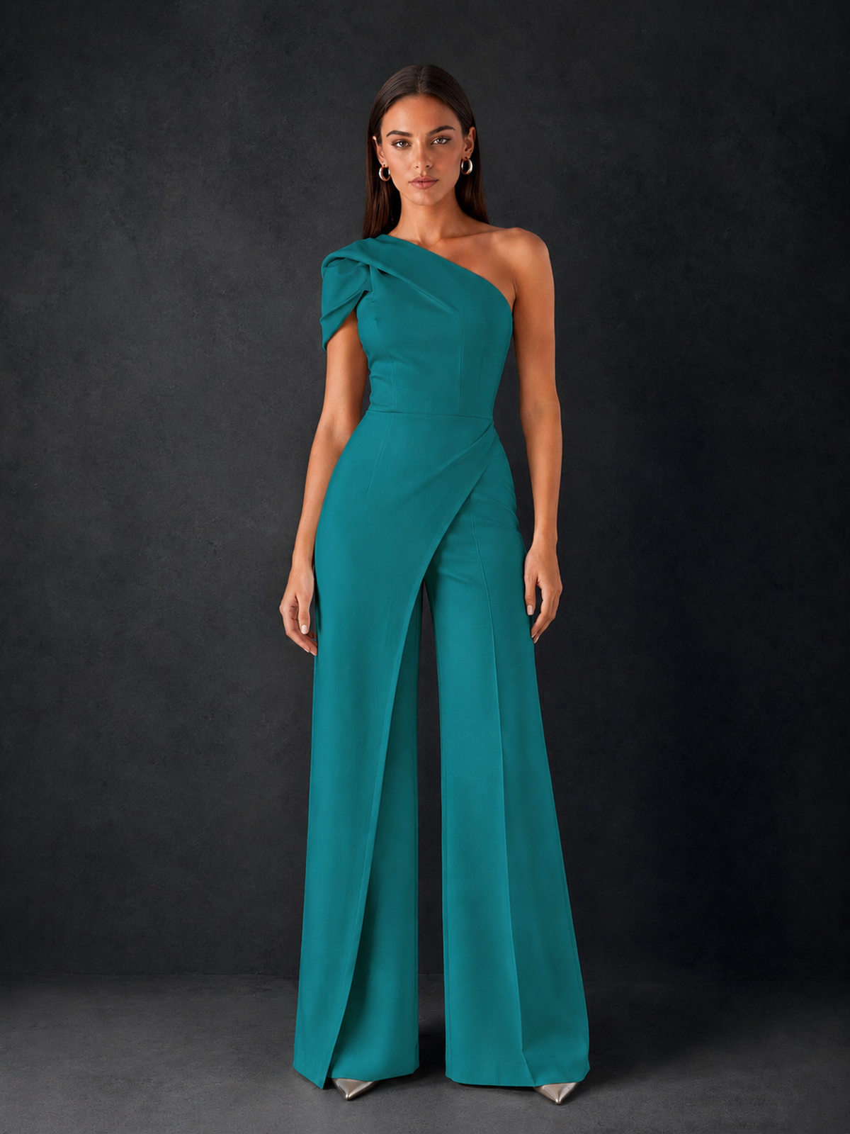 BOLODOO Teal One-Shoulder Puff Sleeve Wide-Leg Jumpsuit with Front Slit and Open Back - Teal