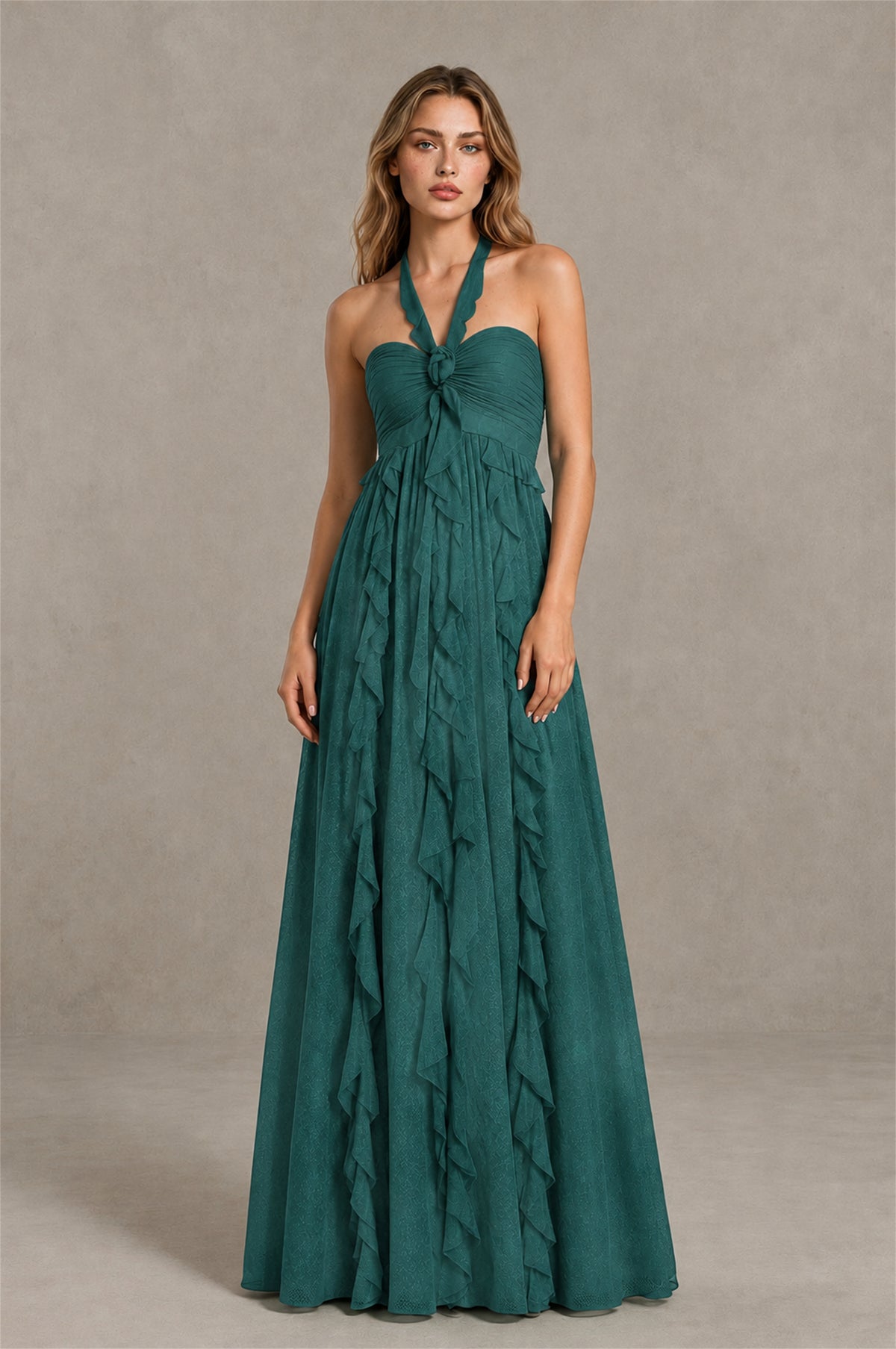 BOLODOO Teal Halter Ruffle A-Line Floor-Length Evening Dress - Teal - Teal_1