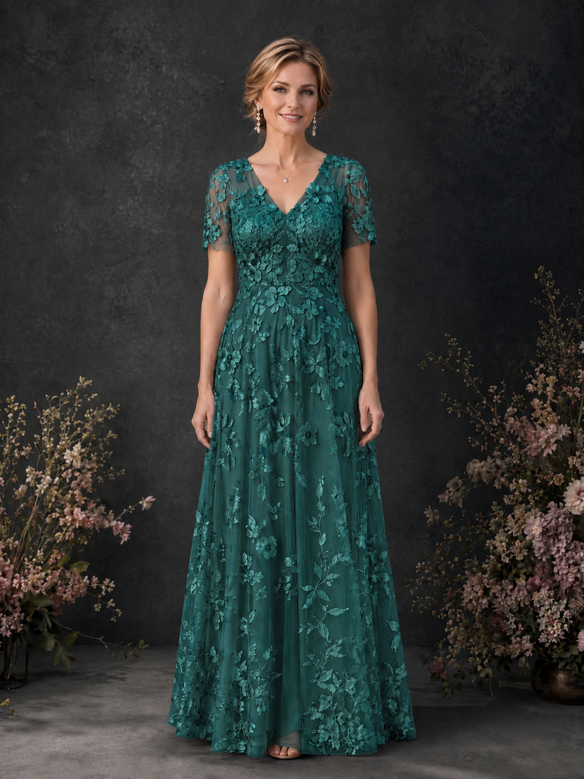 BOLODOO Teal 3D Floral Embroidered Lace V-Neck Short Sleeve A-Line Maxi Dress - Teal