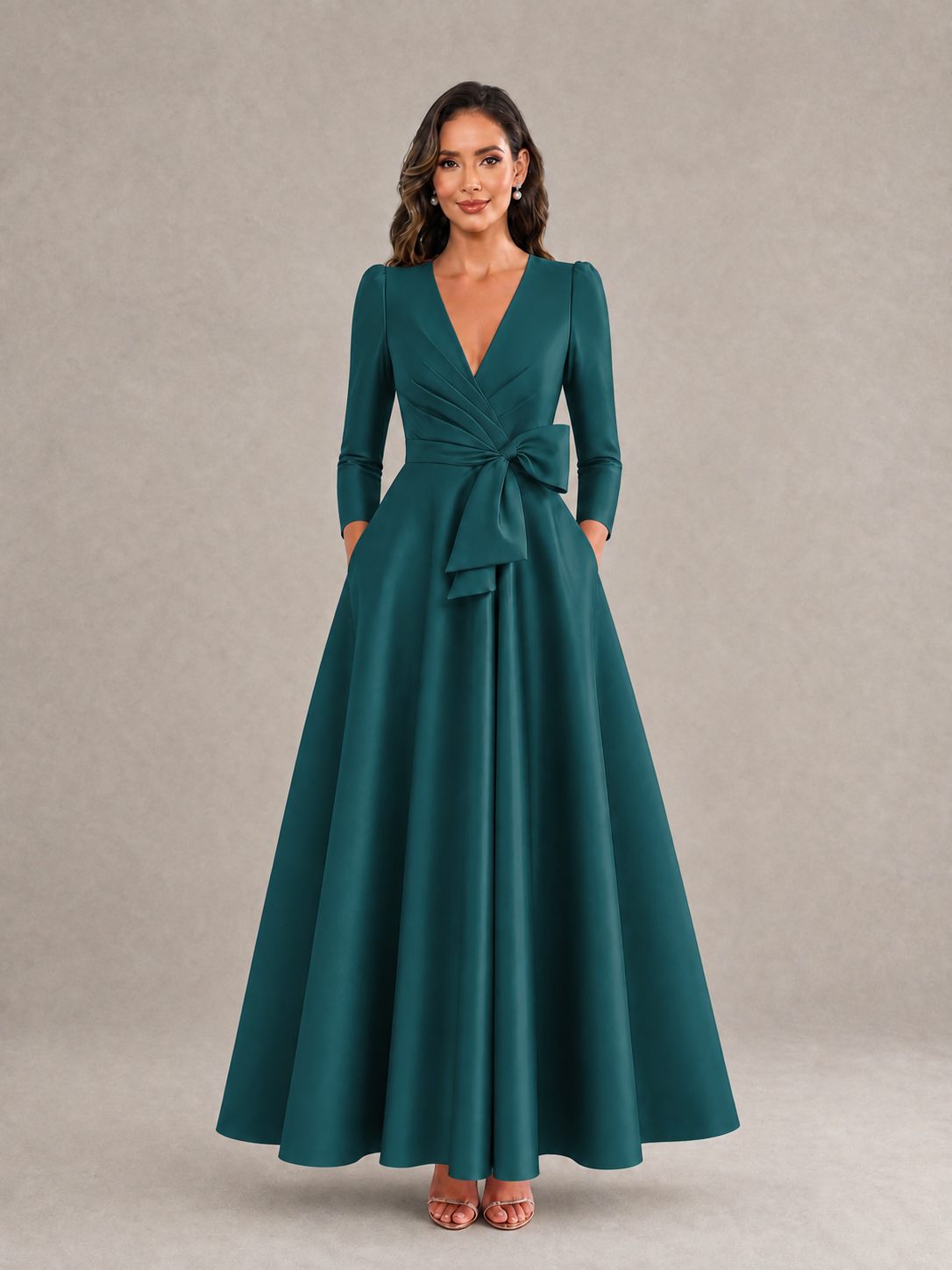 BOLODOO Teal Satin Deep V-Neck Wrap 3/4 Puff Sleeve A-Line Ball Gown Maxi Dress with Oversized Bow Belt - Teal