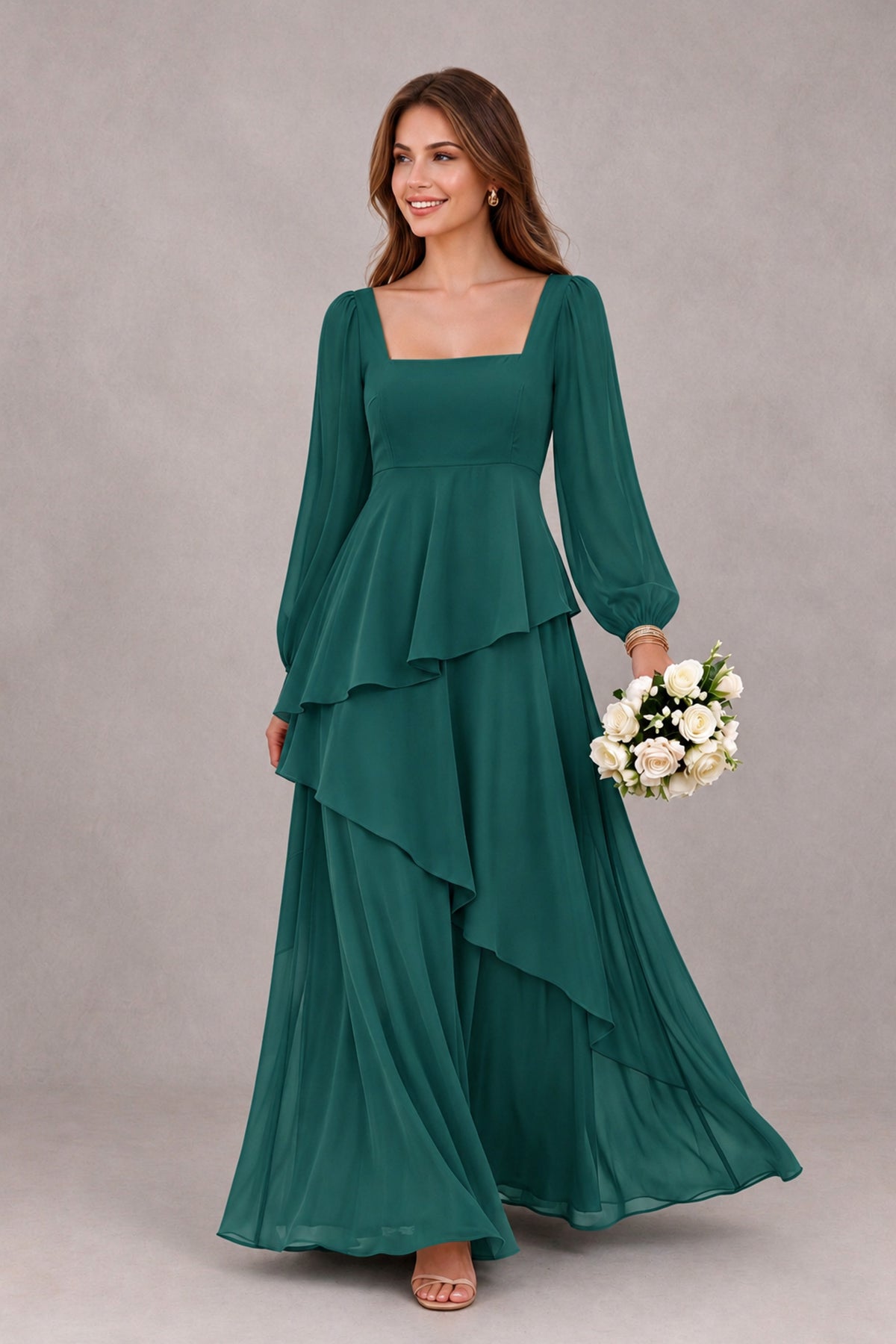 BOLODOO Teal Long Sleeve Ruffle Bridesmaid Dresses - Teal - Teal_1