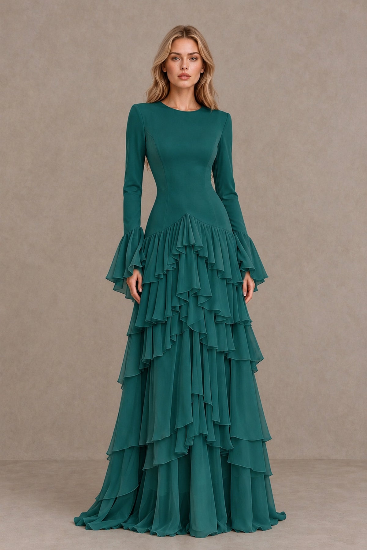 Teal Long Sleeve Tiered Ruffle Evening Gown - Teal - Teal_1