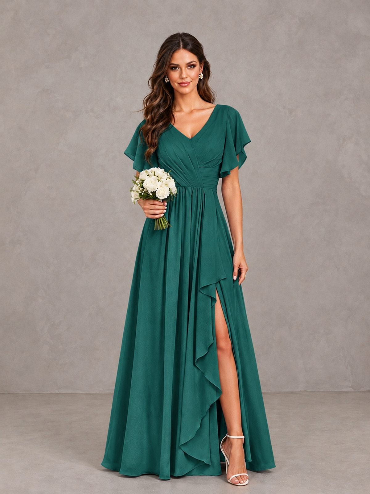 BOLODOO Teal Flutter Sleeve V-Neck Bridesmaid Dress with Ruffle Slit - Teal - Teal_1