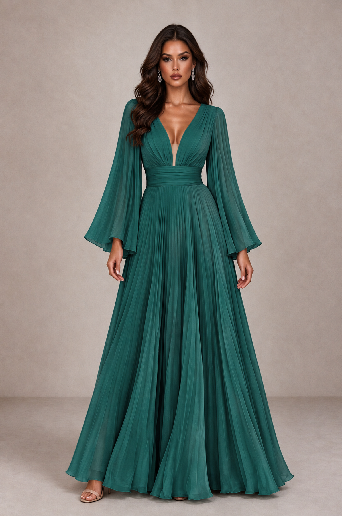 BOLODOO Teal Pleated Deep V-Neck Long Bell Sleeve Evening Dress - Teal - Teal_1