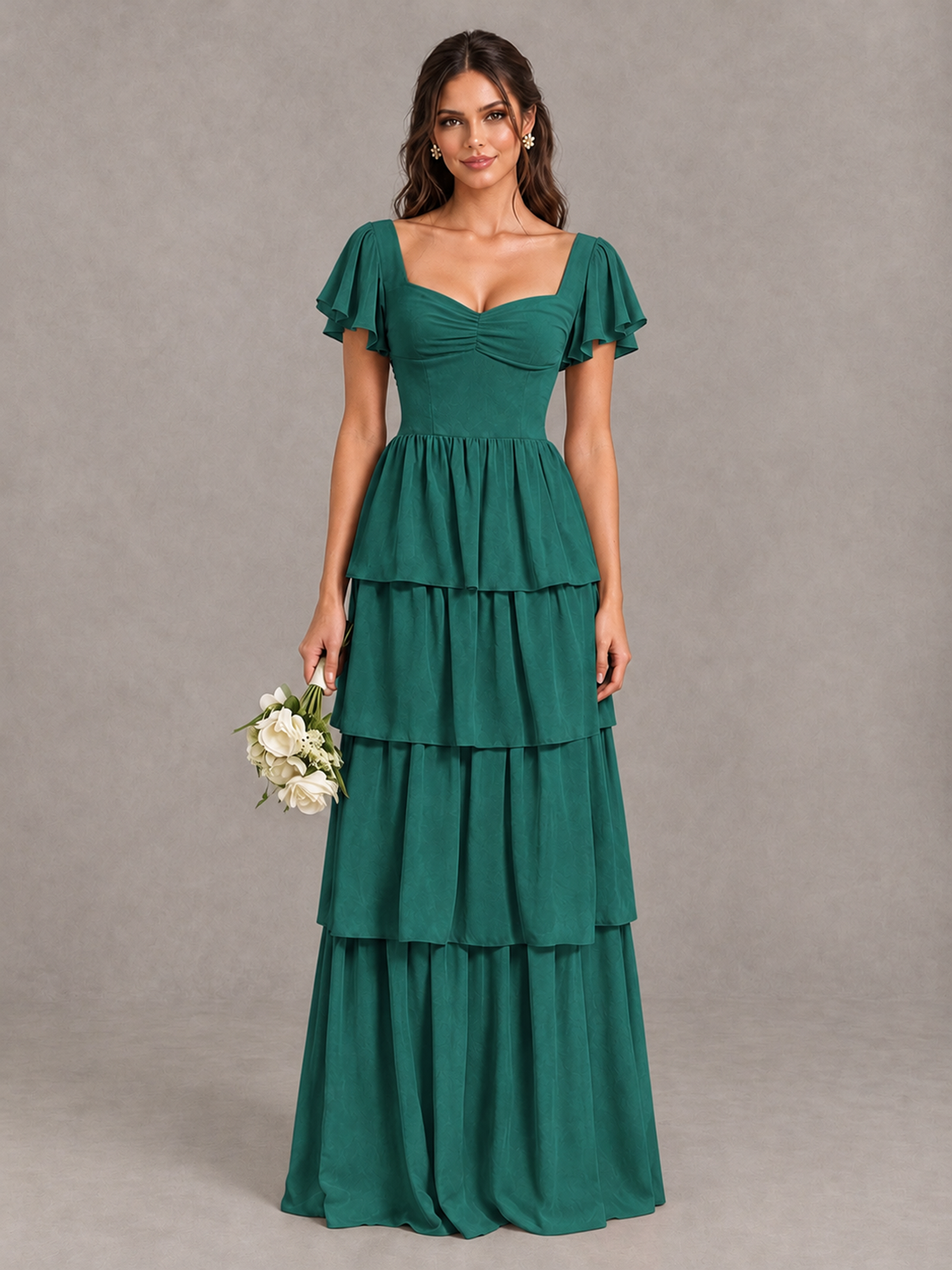 BOLODOO Teal Flutter Sleeve Tiered Maxi Bridesmaid Dress - Teal - Teal_1
