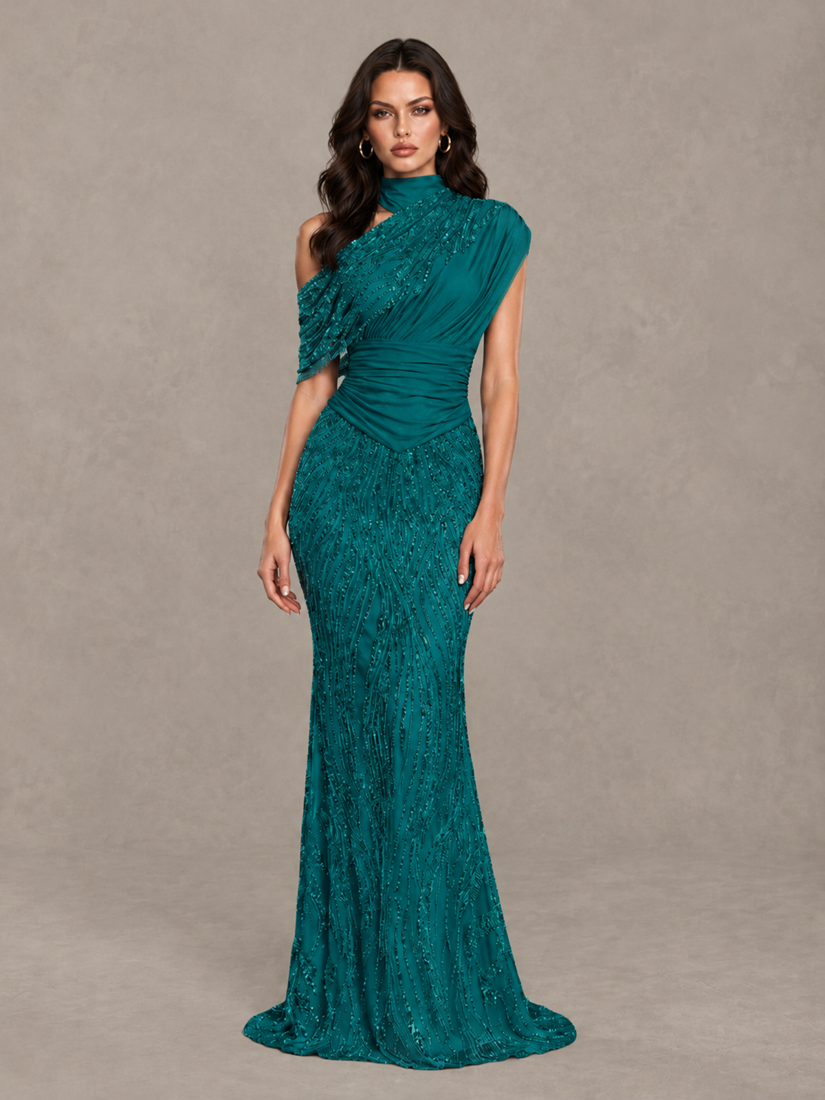 BOLODOO Teal High Neck Draped Sequin Mermaid Evening Gown - Teal - Teal_1